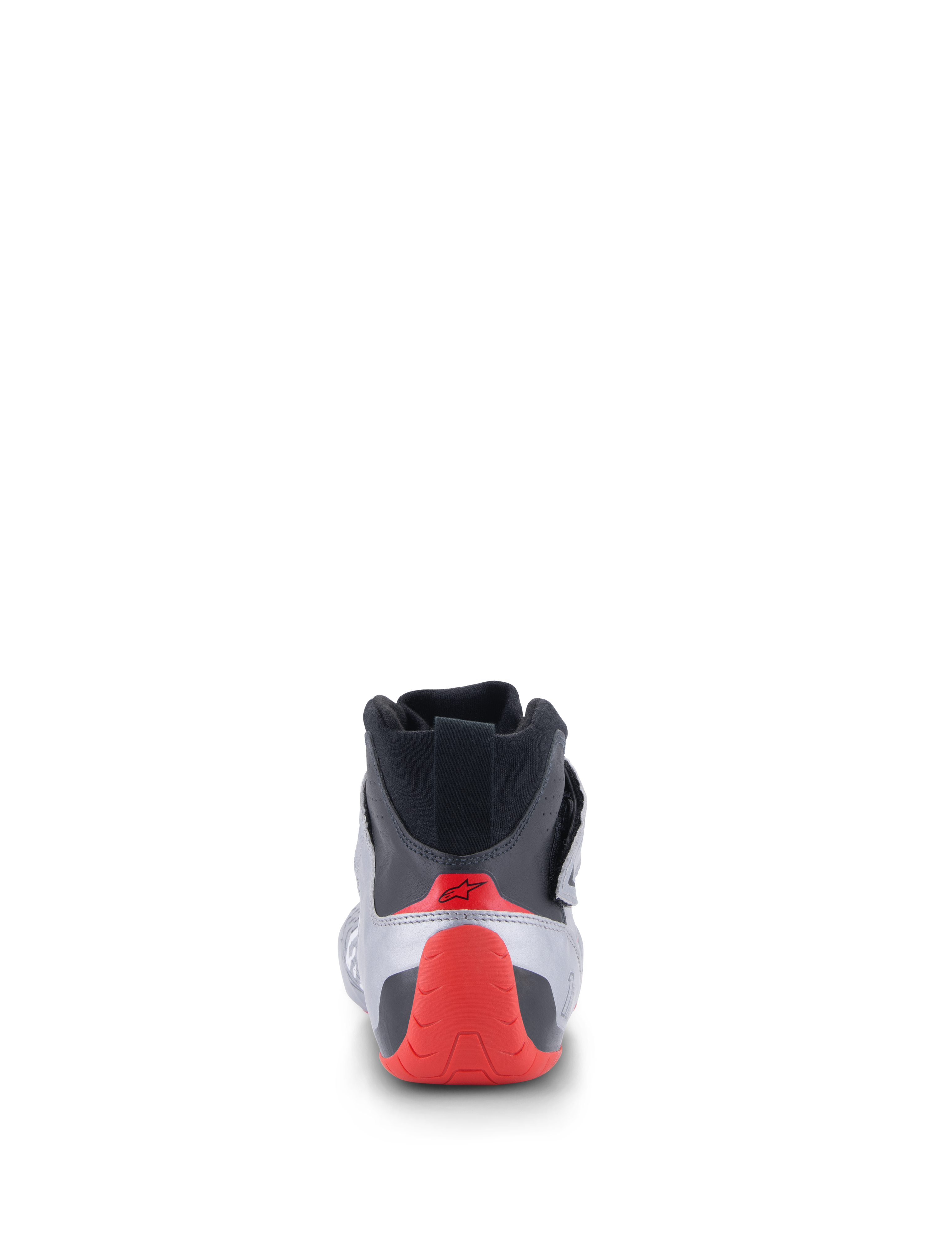 Zapatos Alpinestars Tech-1 Z V3 FIA, calzado de automovilismo, vista trasera en plata oscuro, negro y rojo, con talonera termoformada roja y cuello de punto negro, calzado profesional para deportes de motor