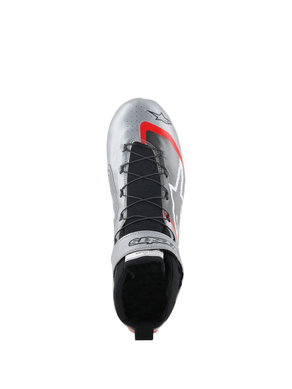 Alpinestars Tech-1 Z V3 Shoes FIA, zapatos de automovilismo, plateado oscuro con detalles en negro y rojo, vista superior que muestra el sistema de cordones rápidos, lengüeta de punto negra y acabado de cuero metálico con logotipos llamativos