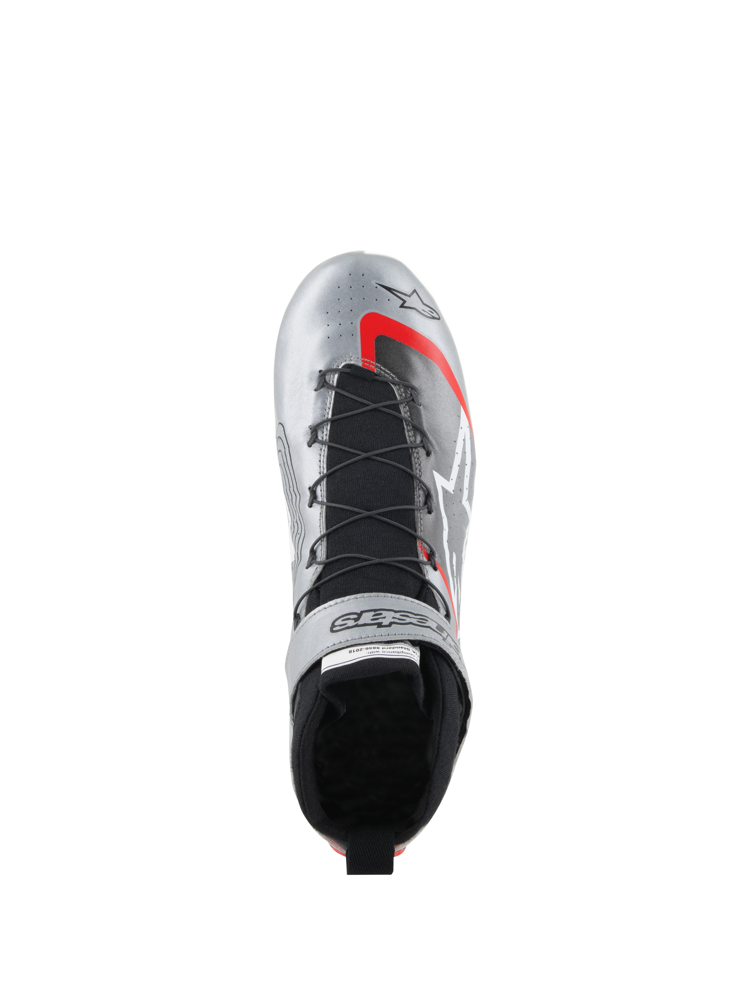 Alpinestars Tech-1 Z V3 Shoes FIA, zapatos de automovilismo, plateado oscuro con detalles en negro y rojo, vista superior que muestra el sistema de cordones rápidos, lengüeta de punto negra y acabado de cuero metálico con logotipos llamativos