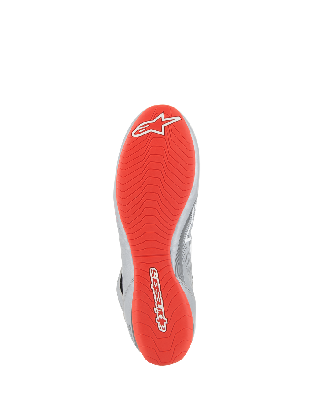Alpinestars Tech-1 Z V3 Shoes FIA, calzado de automovilismo, plata oscuro, negro y rojo, vista inferior que muestra la suela de goma de color rojo brillante con logotipos de Alpinestars en blanco, dibujo asimétrico texturizado para un mejor agarre, detalles de cuero plateado en el lateral