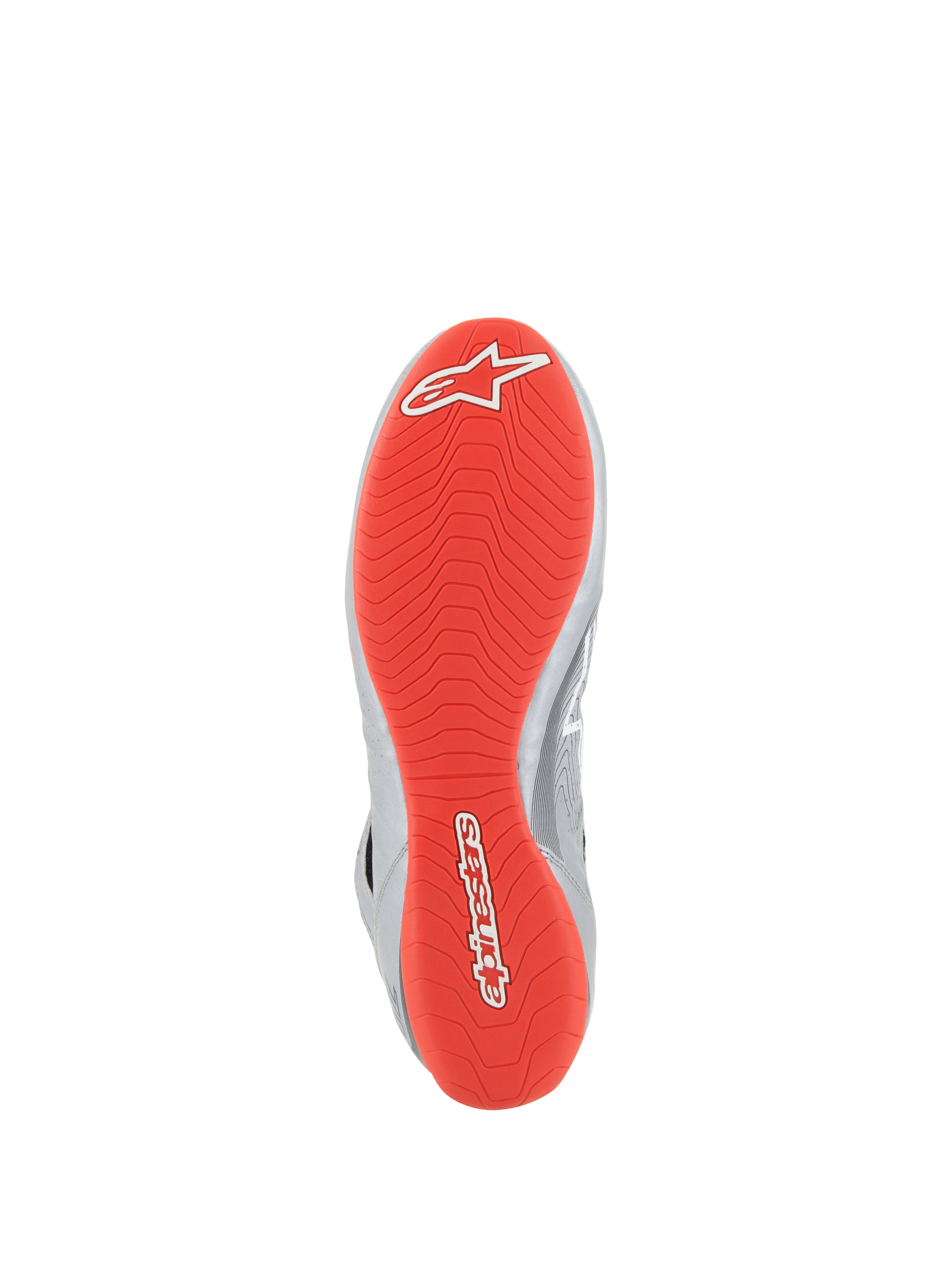Alpinestars Tech-1 Z V3 Shoes FIA, calzado de automovilismo, plata oscuro, negro y rojo, vista inferior que muestra la suela de goma de color rojo brillante con logotipos de Alpinestars en blanco, dibujo asimétrico texturizado para un mejor agarre, detalles de cuero plateado en el lateral