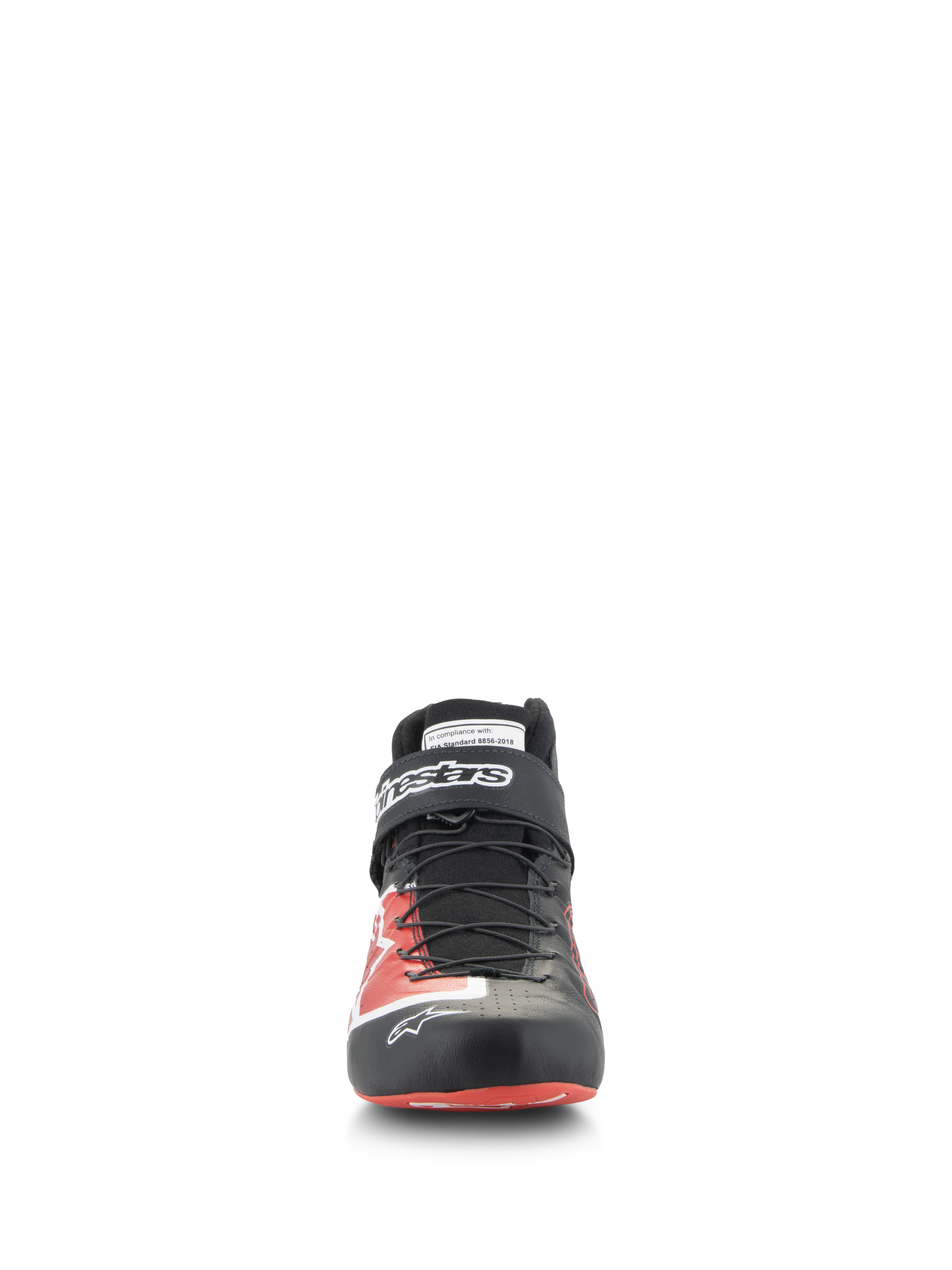 Zapatos Alpinestars Tech-1 Z V3 FIA, calzado de automovilismo, negro y rojo, vista frontal, con sistema de cordones rápido, correa de velcro en el tobillo con marca blanca y parte superior de cuero premium con detalles gráficos en rojo, calzado profesional para deportes de motor