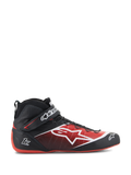 Alpinestars Tech-1 Z V3 Shoes FIA, zapatos de carreras de automovilismo, negro y rojo, diseño de caña alta con logo de estrella blanca, acabado brillante con perforaciones texturizadas, suela roja curva, con certificación FIA, correa en el tobillo con marca, calzado de automovilismo aerodinámico