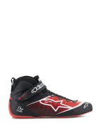 Alpinestars Tech-1 Z V3 Shoes FIA, zapatos de carreras de automovilismo, negro y rojo, diseño de caña alta con logo de estrella blanca, acabado brillante con perforaciones texturizadas, suela roja curva, con certificación FIA, correa en el tobillo con marca, calzado de automovilismo aerodinámico
