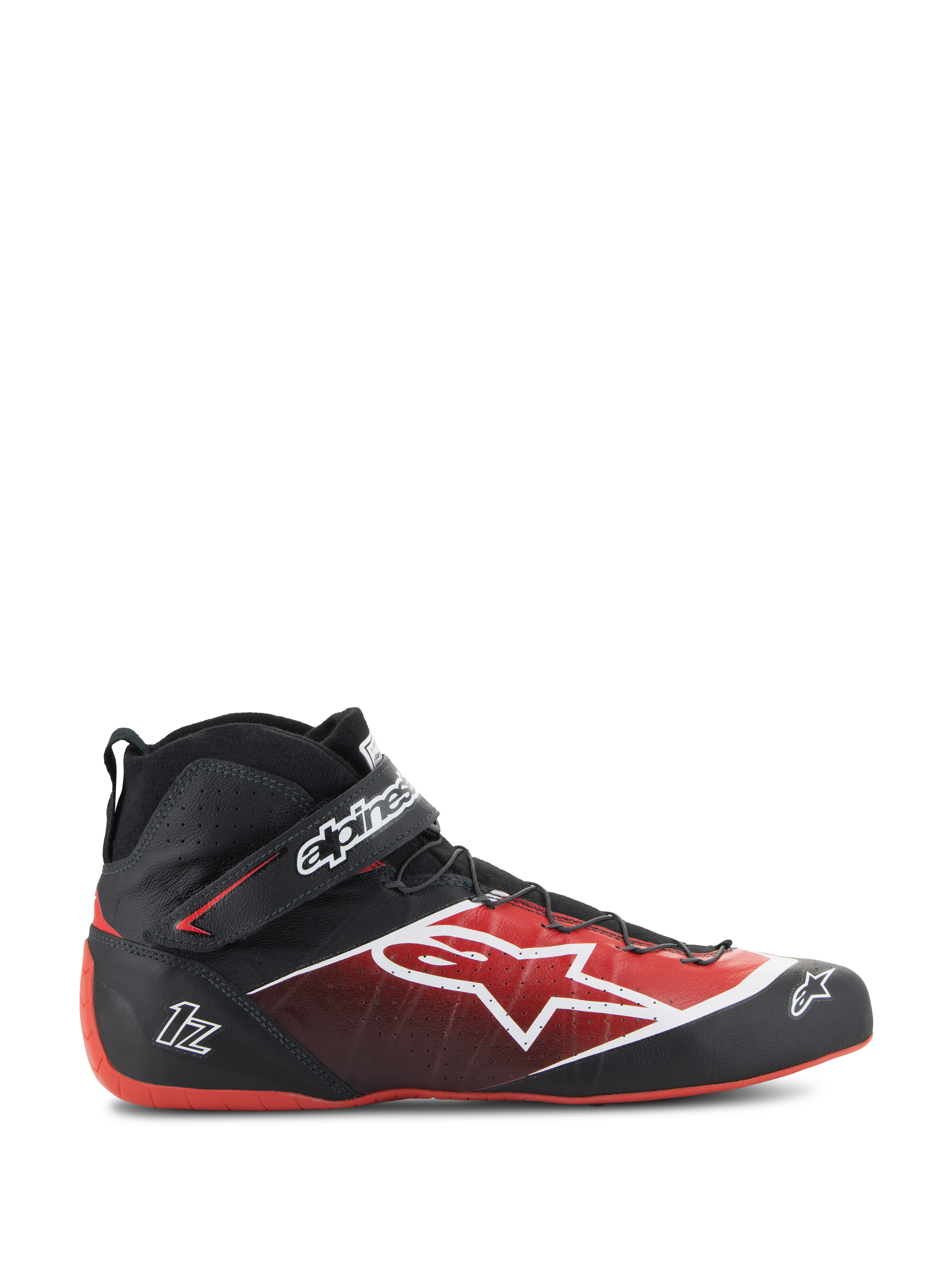 Alpinestars Tech-1 Z V3 Shoes FIA, zapatos de carreras de automovilismo, negro y rojo, diseño de caña alta con logo de estrella blanca, acabado brillante con perforaciones texturizadas, suela roja curva, con certificación FIA, correa en el tobillo con marca, calzado de automovilismo aerodinámico