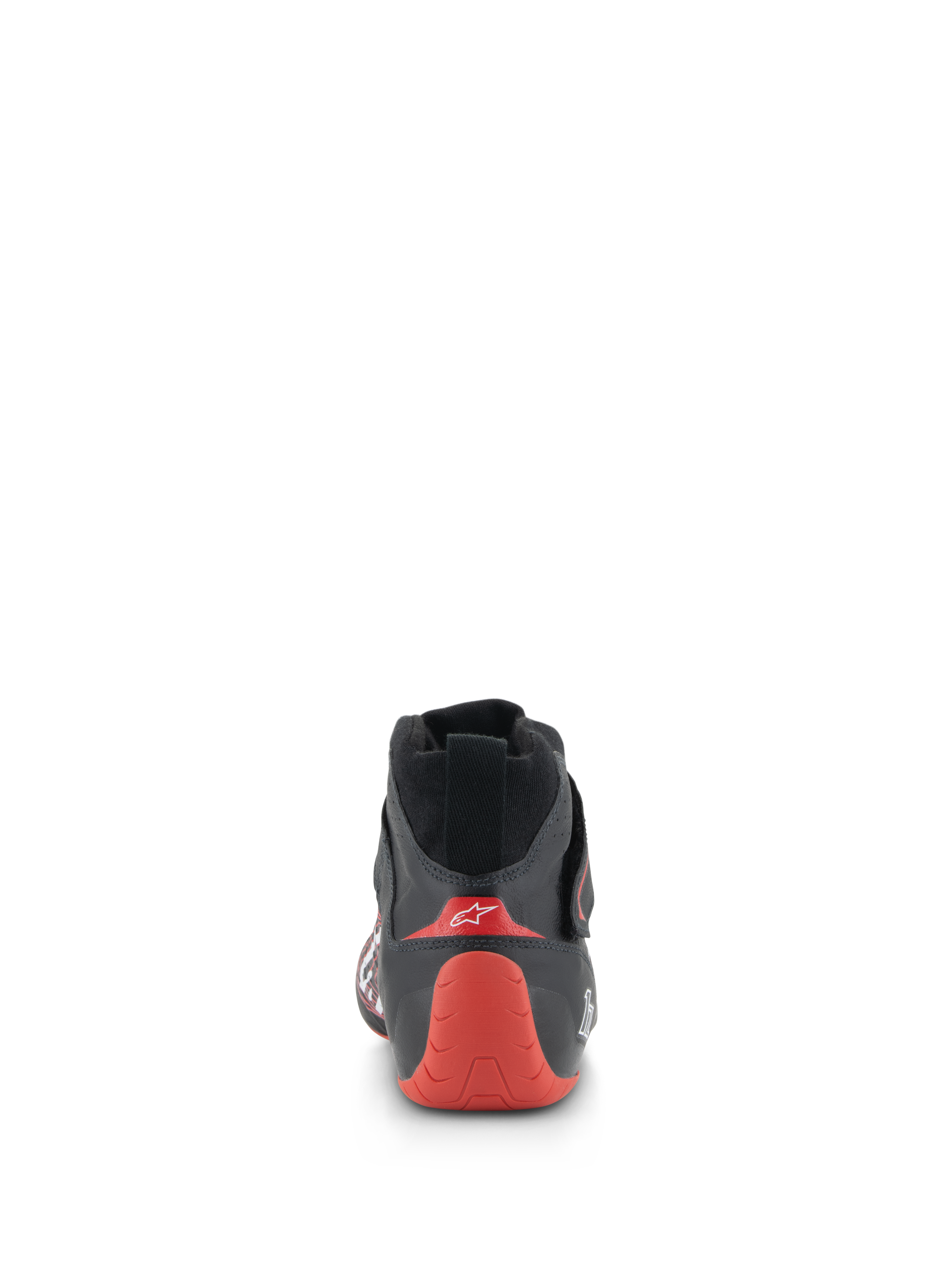 Alpinestars Tech-1 Z V3 Shoes FIA, zapatos de competición automovilística, negro y rojo, vista trasera que destaca la talonera termoformada roja con el logo blanco, confección en cuero negro, calzado profesional para motorsport