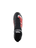 Alpinestars Tech-1 Z V3 Shoes FIA, zapatos de carreras de autos, negro y rojo, vista superior que muestra el sistema de cordones rápidos, correa de velcro con la marca y detalles gráficos rojos en la puntera, diseño de cuero estilizado para rendimiento en el automovilismo