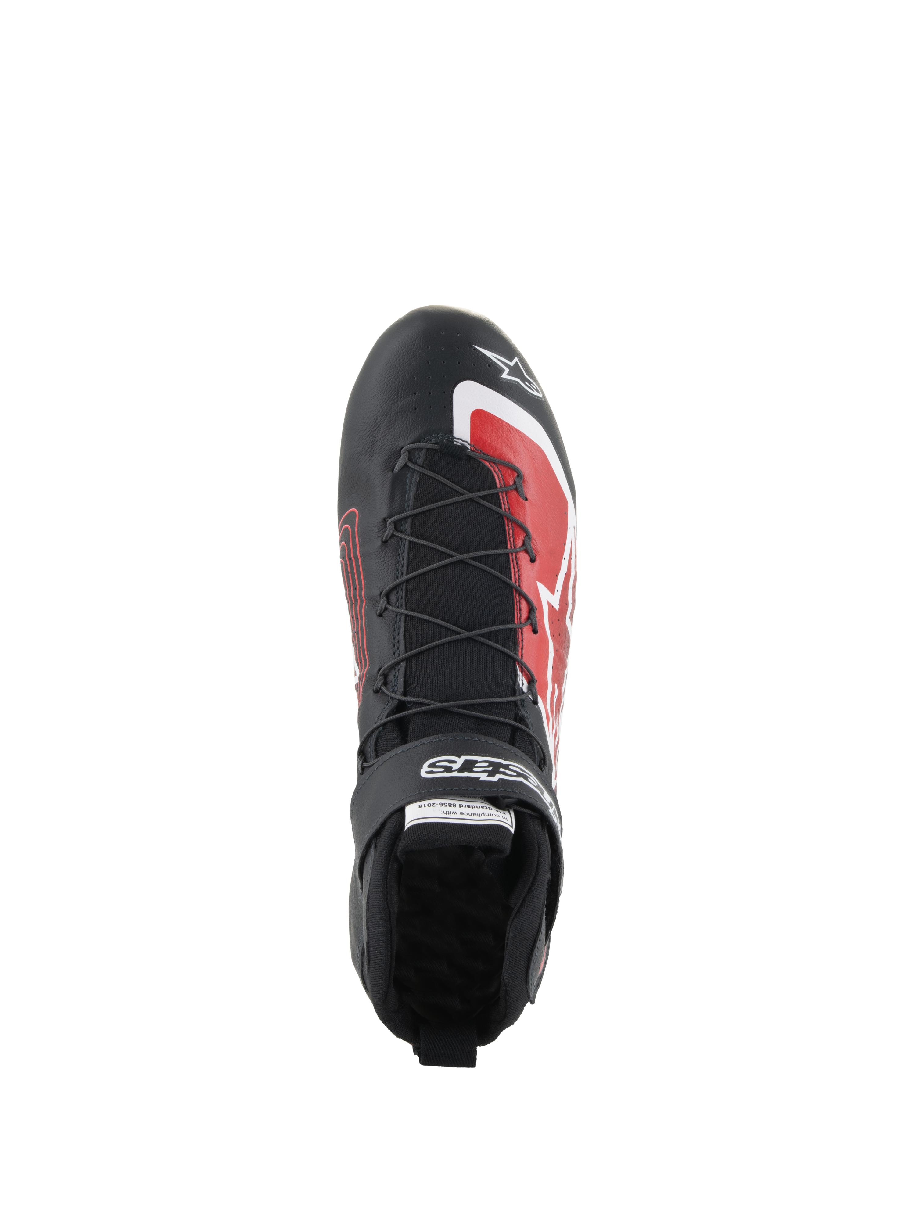 Alpinestars Tech-1 Z V3 Shoes FIA, zapatos de carreras de autos, negro y rojo, vista superior que muestra el sistema de cordones rápidos, correa de velcro con la marca y detalles gráficos rojos en la puntera, diseño de cuero estilizado para rendimiento en el automovilismo