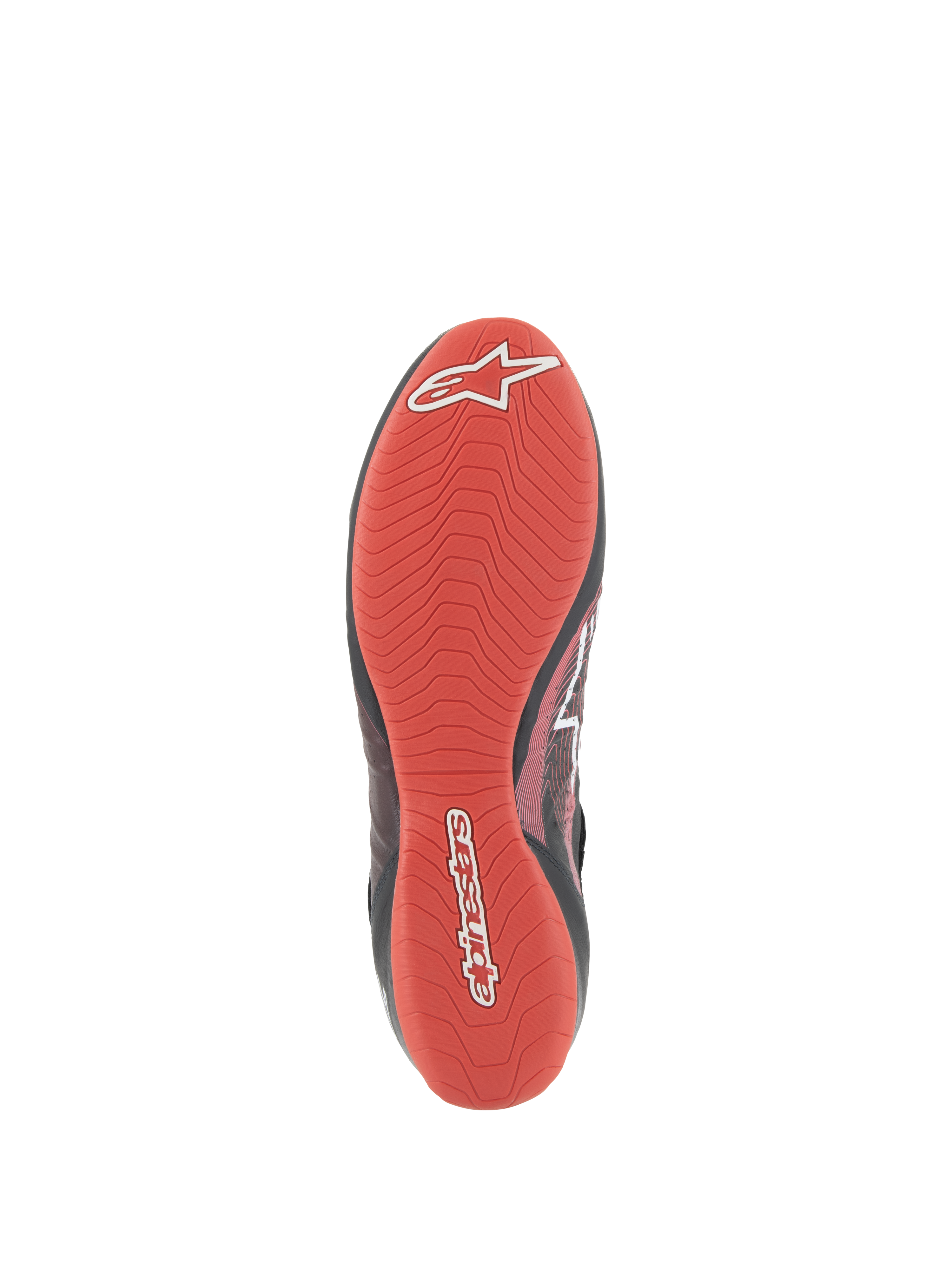 Zapatos Alpinestars Tech-1 Z V3 FIA, vista inferior de la suela, goma texturizada en color rojo vibrante, patrón de dibujo asimétrico para un alto nivel de agarre y sensibilidad con los pedales, logotipo y nombre de Alpinestars en blanco