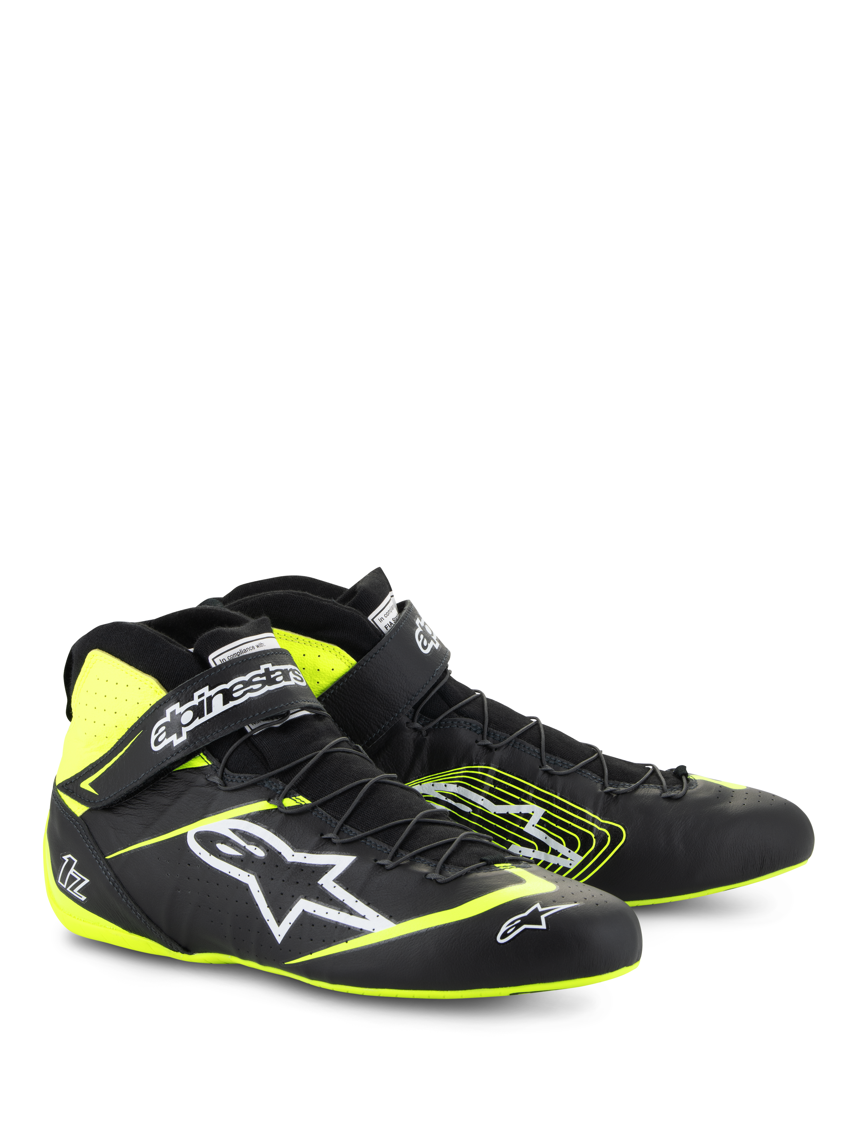 Alpinestars Tech-1 Z V3 Shoes FIA, zapatos de automovilismo, negro y amarillo flúor, con el logotipo Astars en blanco, sistema de cordones rápidos y correa en el tobillo, diseño de cuero de caña alta para automovilismo profesional
