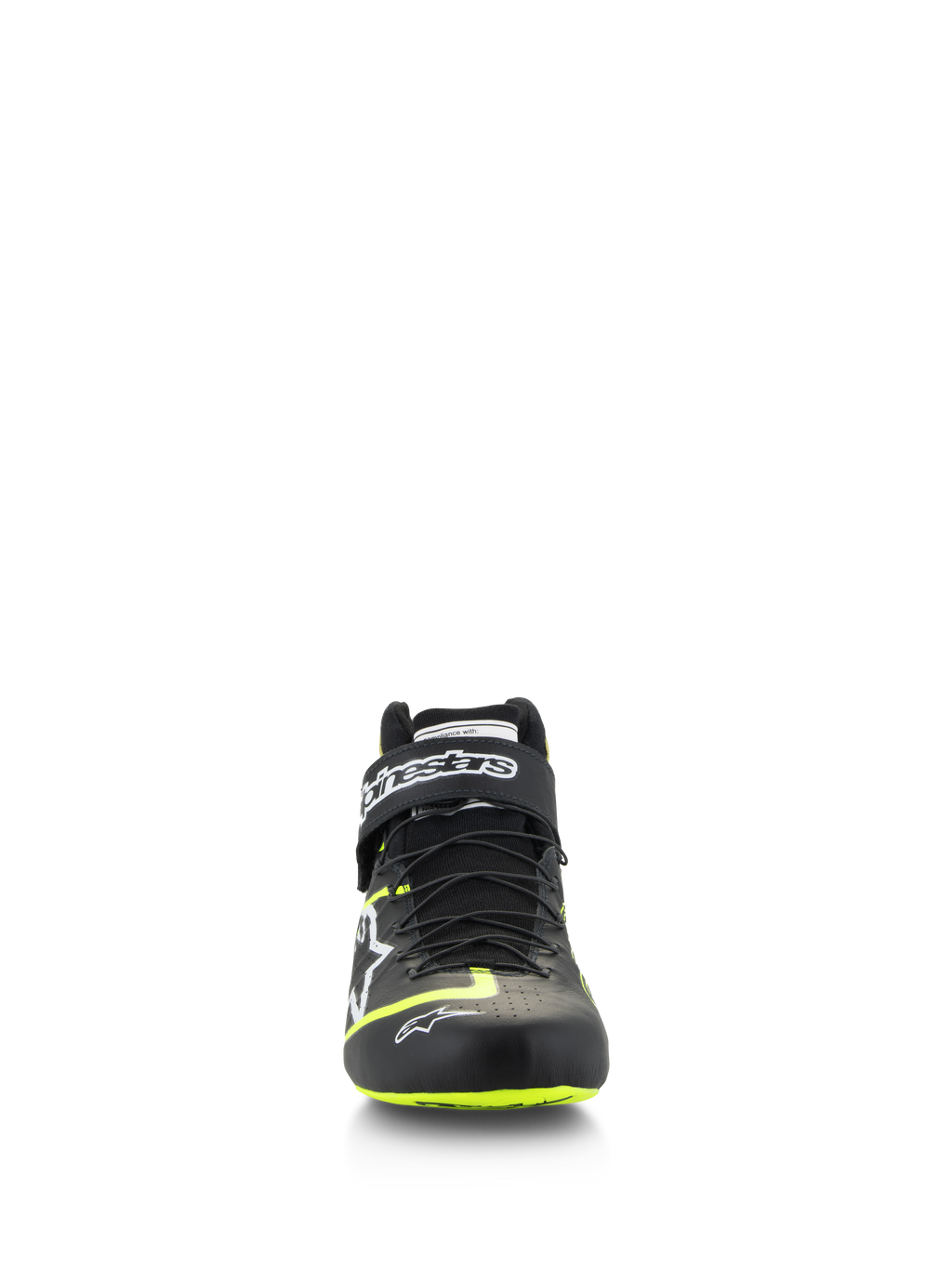 Alpinestars Tech-1 Z V3 Shoes FIA, calzado de automovilismo, negro y amarillo fluo, vista frontal, con sistema de cordones rápidos de doble cierre y correa de tobillo con la marca, detalles en amarillo brillante en la puntera y la suela, confección en cuero premium.