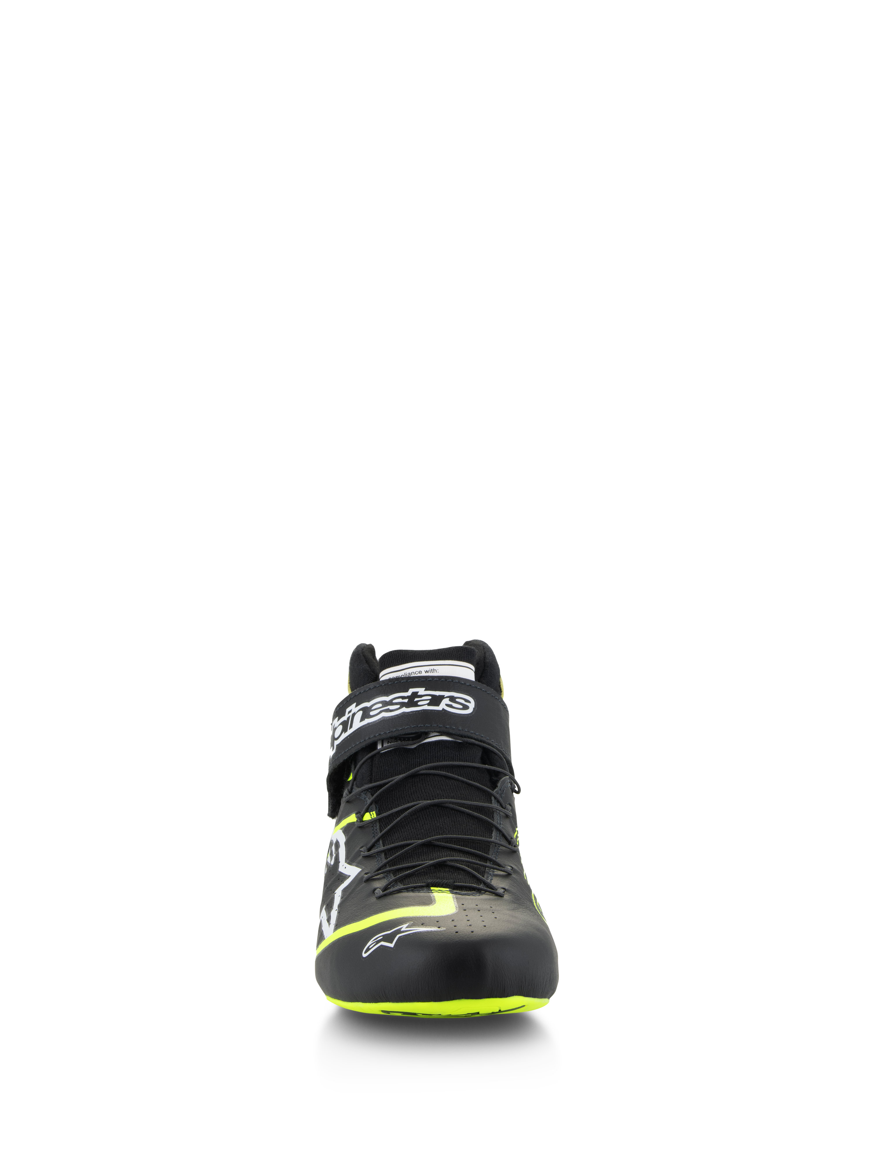 Alpinestars Tech-1 Z V3 Shoes FIA, calzado de automovilismo, negro y amarillo fluo, vista frontal, con sistema de cordones rápidos de doble cierre y correa de tobillo con la marca, detalles en amarillo brillante en la puntera y la suela, confección en cuero premium.