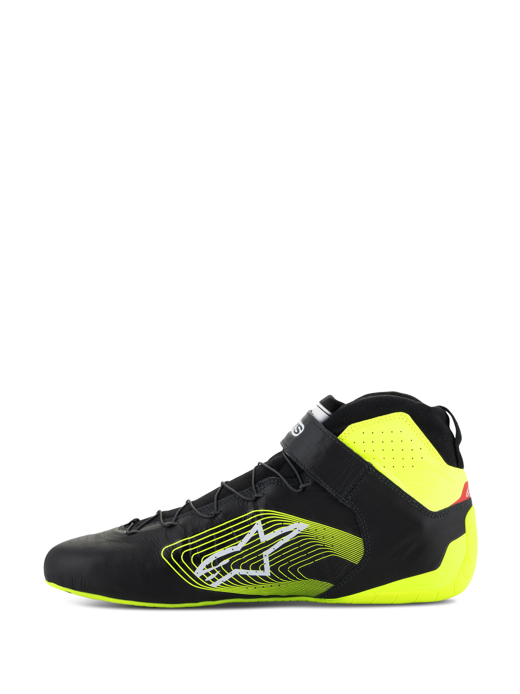 Alpinestars Tech-1 Z V3 Shoes FIA, zapatos de automovilismo, negro y amarillo flúor, vista de perfil lateral, parte superior de cuero premium con sistema de cordones rápidos y correa en el tobillo, logotipo gráfico amarillo llamativo en el lateral, detalles en amarillo fluorescente en el talón y el cuello