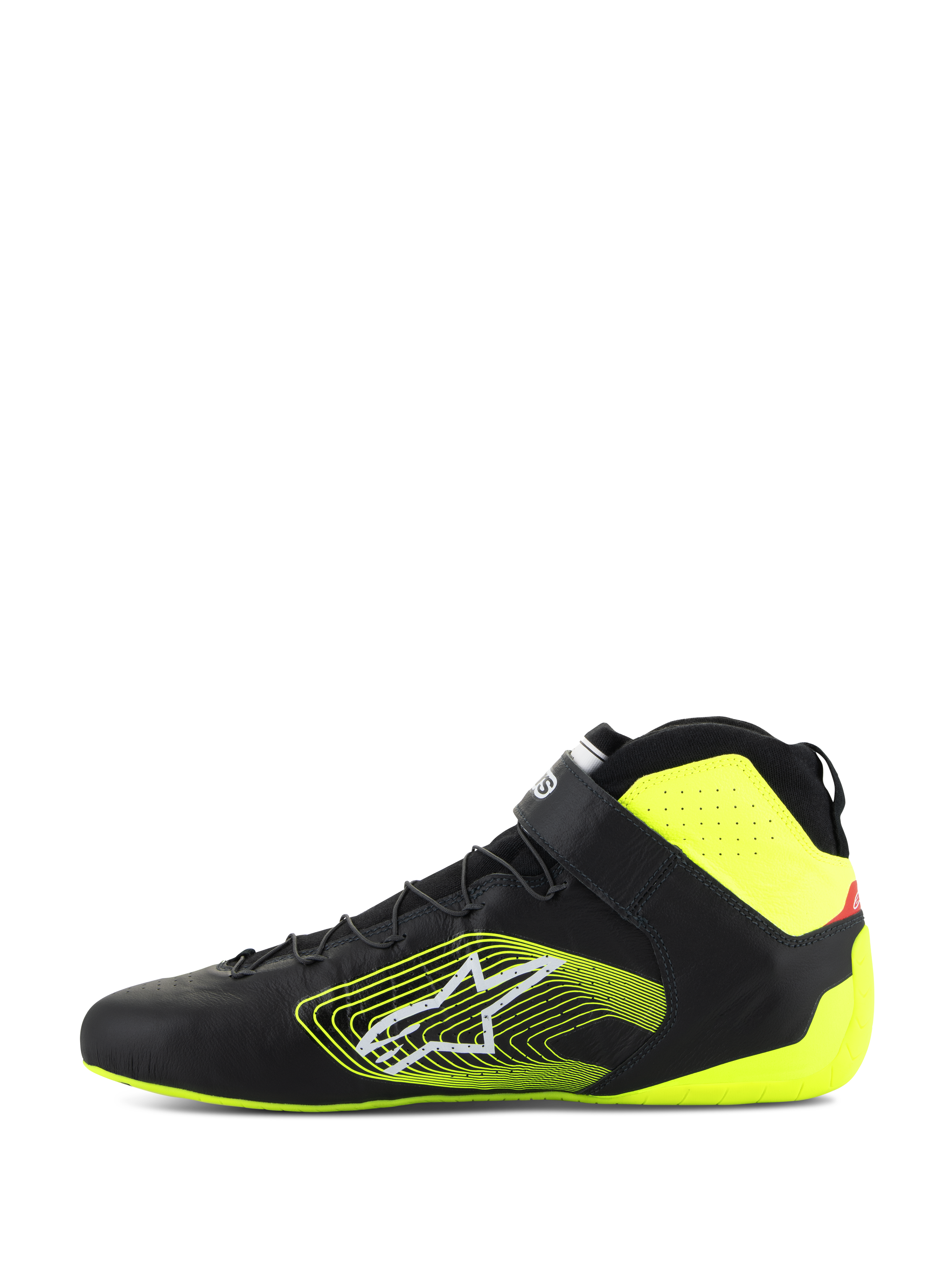 Alpinestars Tech-1 Z V3 Shoes FIA, zapatos de automovilismo, negro y amarillo flúor, vista de perfil lateral, parte superior de cuero premium con sistema de cordones rápidos y correa en el tobillo, logotipo gráfico amarillo llamativo en el lateral, detalles en amarillo fluorescente en el talón y el cuello