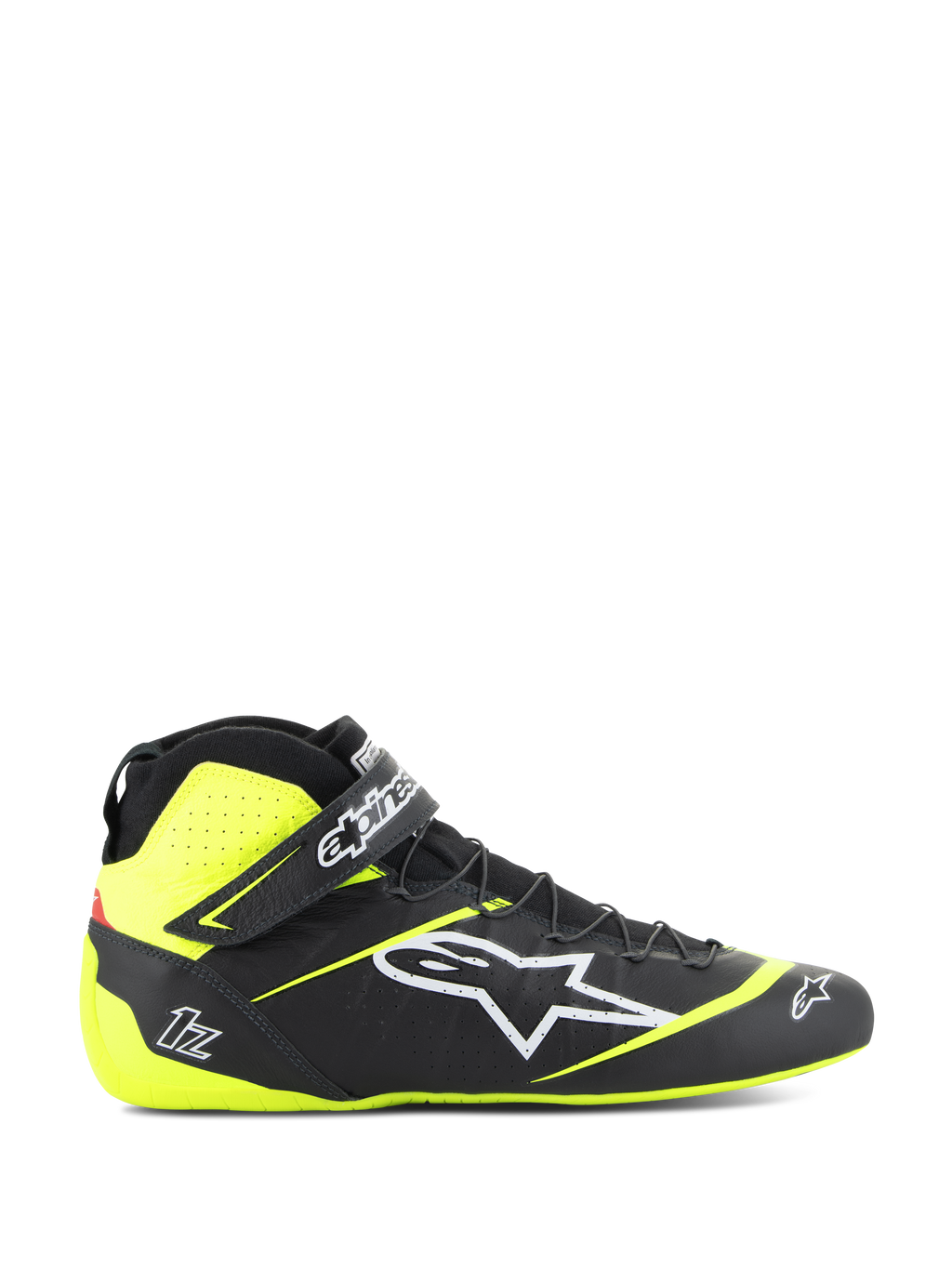 Alpinestars Tech-1 Z V3 Shoes FIA, calzado de automovilismo, negro y amarillo fluorescente, perfil lateral de calzado de caña alta, logotipo de estrella blanca, diseño perforado para transpirabilidad, correa de tobillo ajustable y suela de goma fina