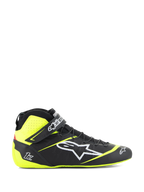 Alpinestars Tech-1 Z V3 Shoes FIA, calzado de automovilismo, negro y amarillo fluorescente, perfil lateral de calzado de caña alta, logotipo de estrella blanca, diseño perforado para transpirabilidad, correa de tobillo ajustable y suela de goma fina