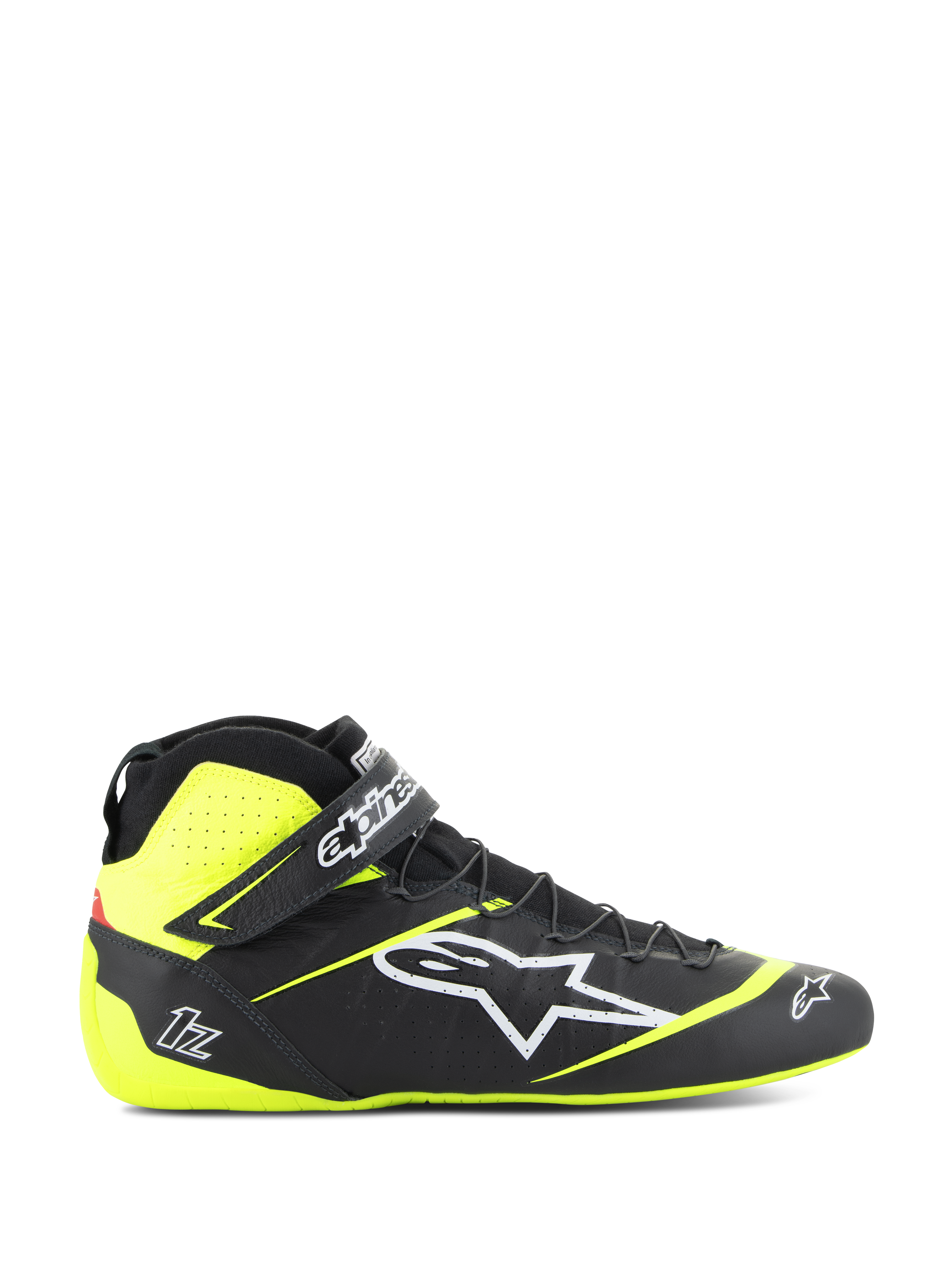Alpinestars Tech-1 Z V3 Shoes FIA, calzado de automovilismo, negro y amarillo fluorescente, perfil lateral de calzado de caña alta, logotipo de estrella blanca, diseño perforado para transpirabilidad, correa de tobillo ajustable y suela de goma fina