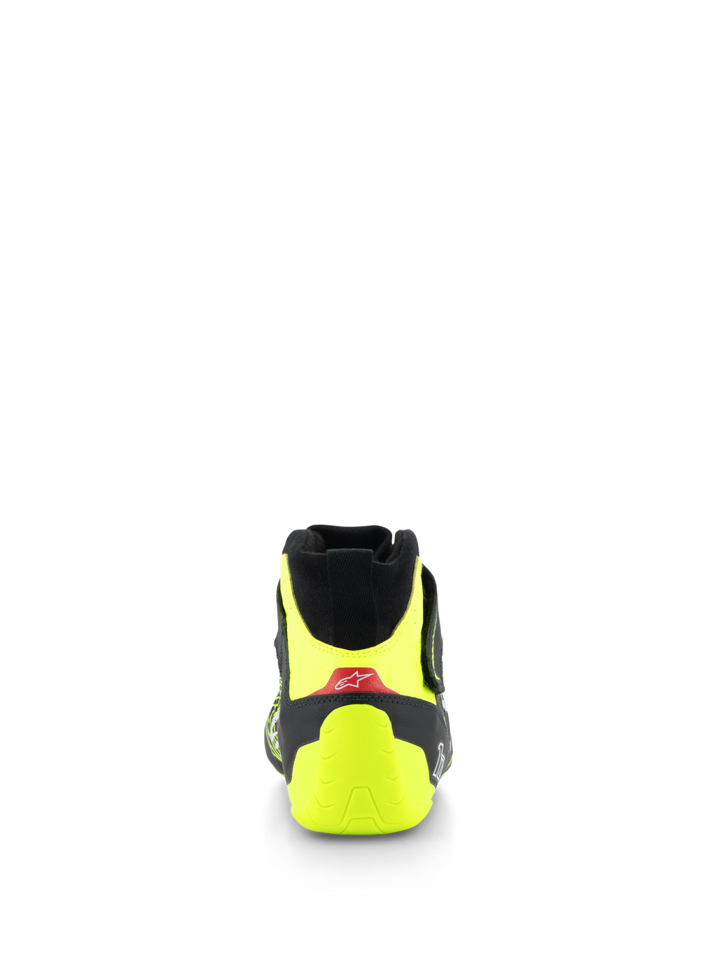 Alpinestars Tech-1 Z V3 Shoes FIA, zapatos de automovilismo, negro y amarillo fluorescente, vista posterior con talonera amarillo fluo y detalle rojo con logotipo blanco, calzado profesional para deportes de motor