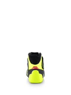 Alpinestars Tech-1 Z V3 Shoes FIA, zapatos de automovilismo, negro y amarillo fluorescente, vista posterior con talonera amarillo fluo y detalle rojo con logotipo blanco, calzado profesional para deportes de motor