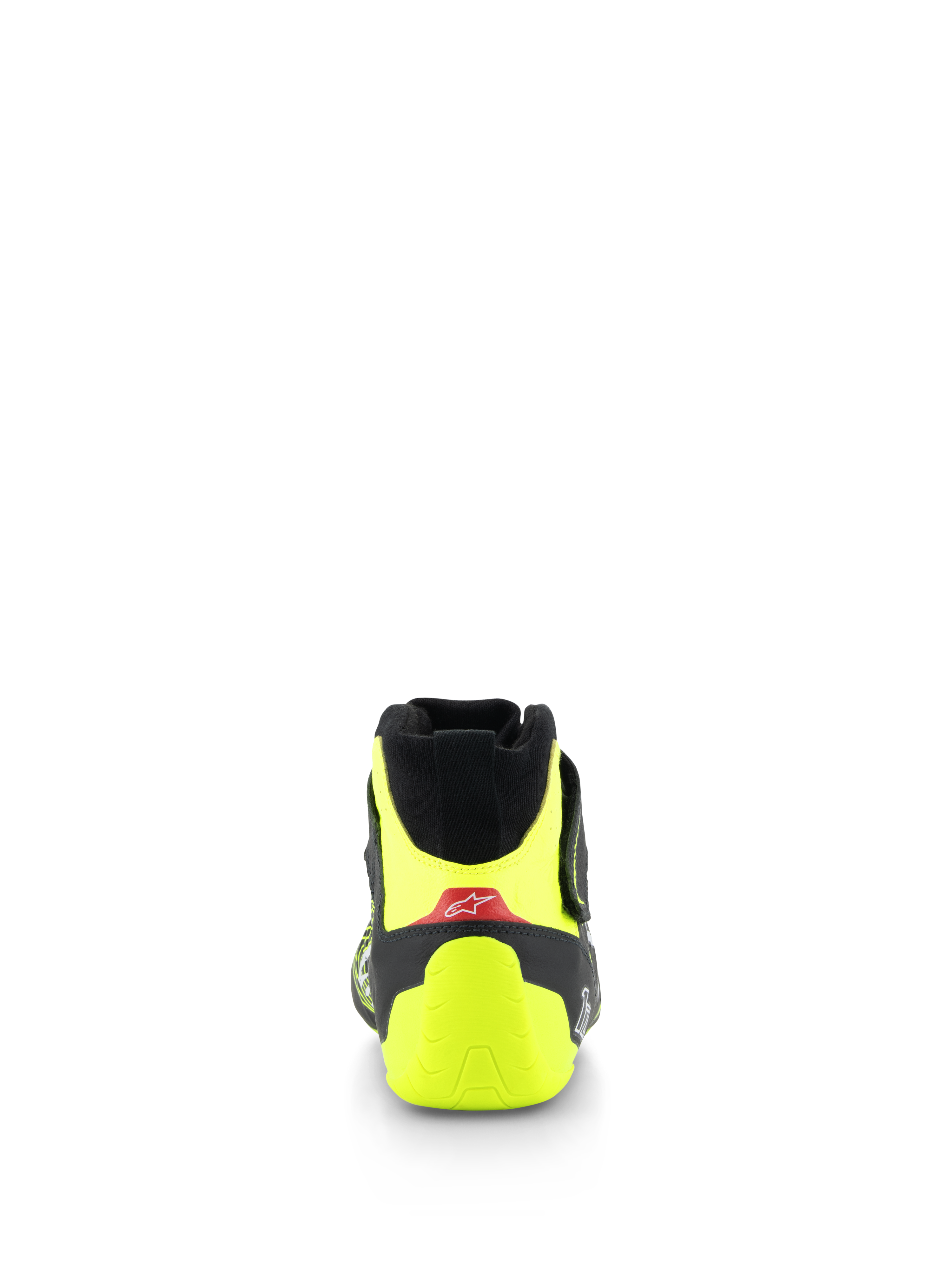 Alpinestars Tech-1 Z V3 Shoes FIA, zapatos de automovilismo, negro y amarillo fluorescente, vista posterior con talonera amarillo fluo y detalle rojo con logotipo blanco, calzado profesional para deportes de motor