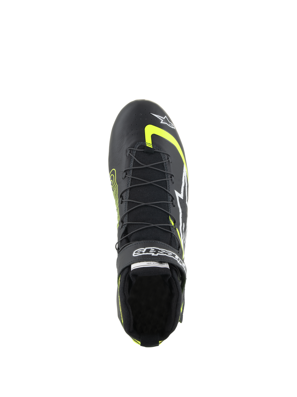Alpinestars Tech-1 Z V3 Shoes FIA, zapatos de automovilismo, negro y amarillo fluo, vista superior que muestra el sistema de cordones rápidos de doble cierre, correa de velcro con la marca y construcción en cuero premium para automovilismo profesional.