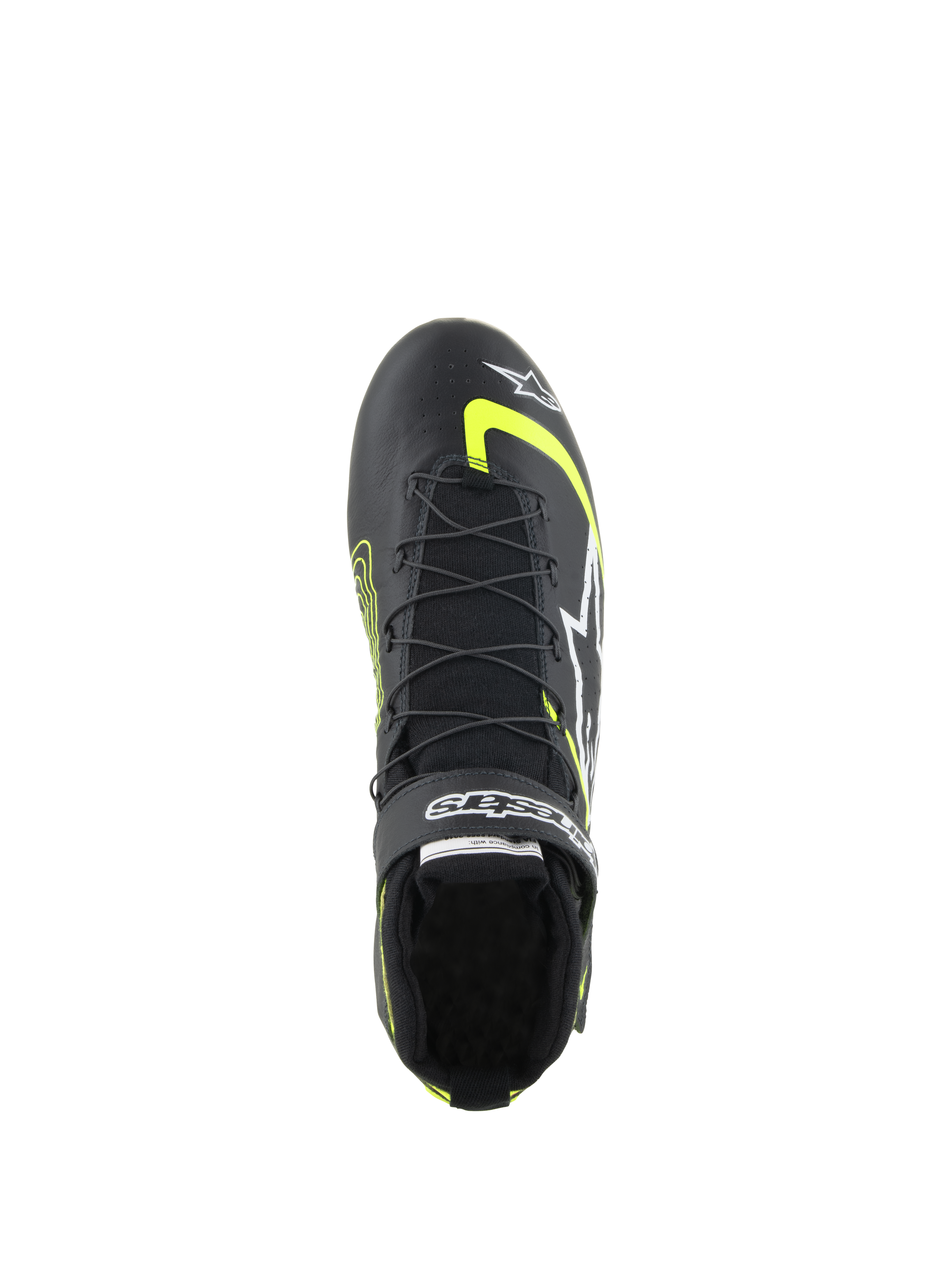 Alpinestars Tech-1 Z V3 Shoes FIA, zapatos de automovilismo, negro y amarillo fluo, vista superior que muestra el sistema de cordones rápidos de doble cierre, correa de velcro con la marca y construcción en cuero premium para automovilismo profesional.