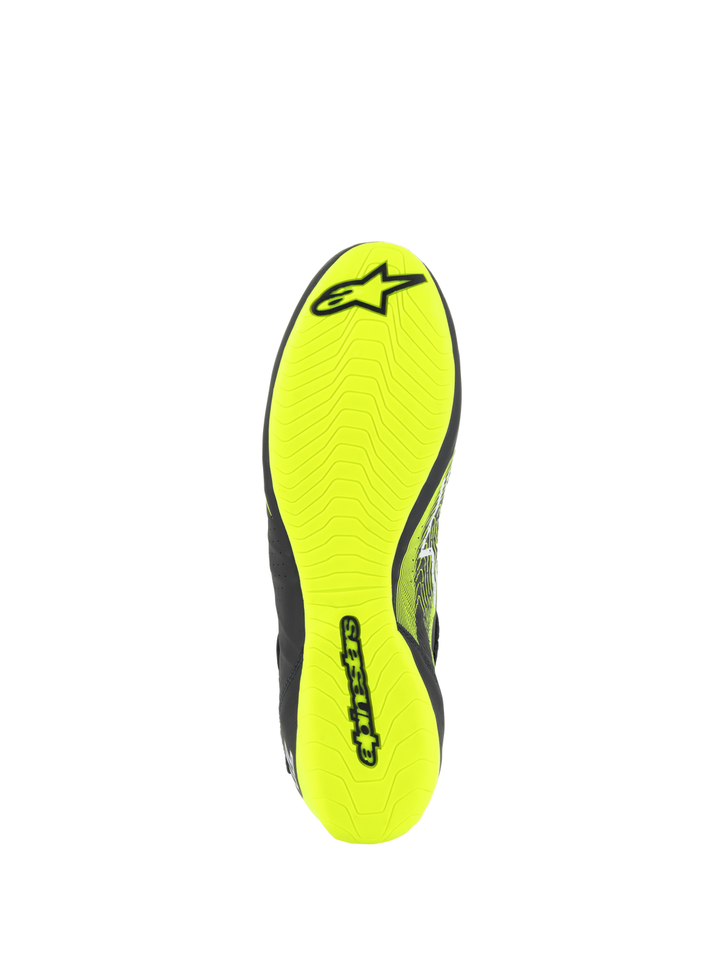 Zapatos Alpinestars Tech-1 Z V3 FIA, calzado de automovilismo, vista de la suela en amarillo flúor, con dibujo asimétrico y logotipo de Alpinestars en negro, suela de goma fina para máxima sensibilidad con los pedales y agarre