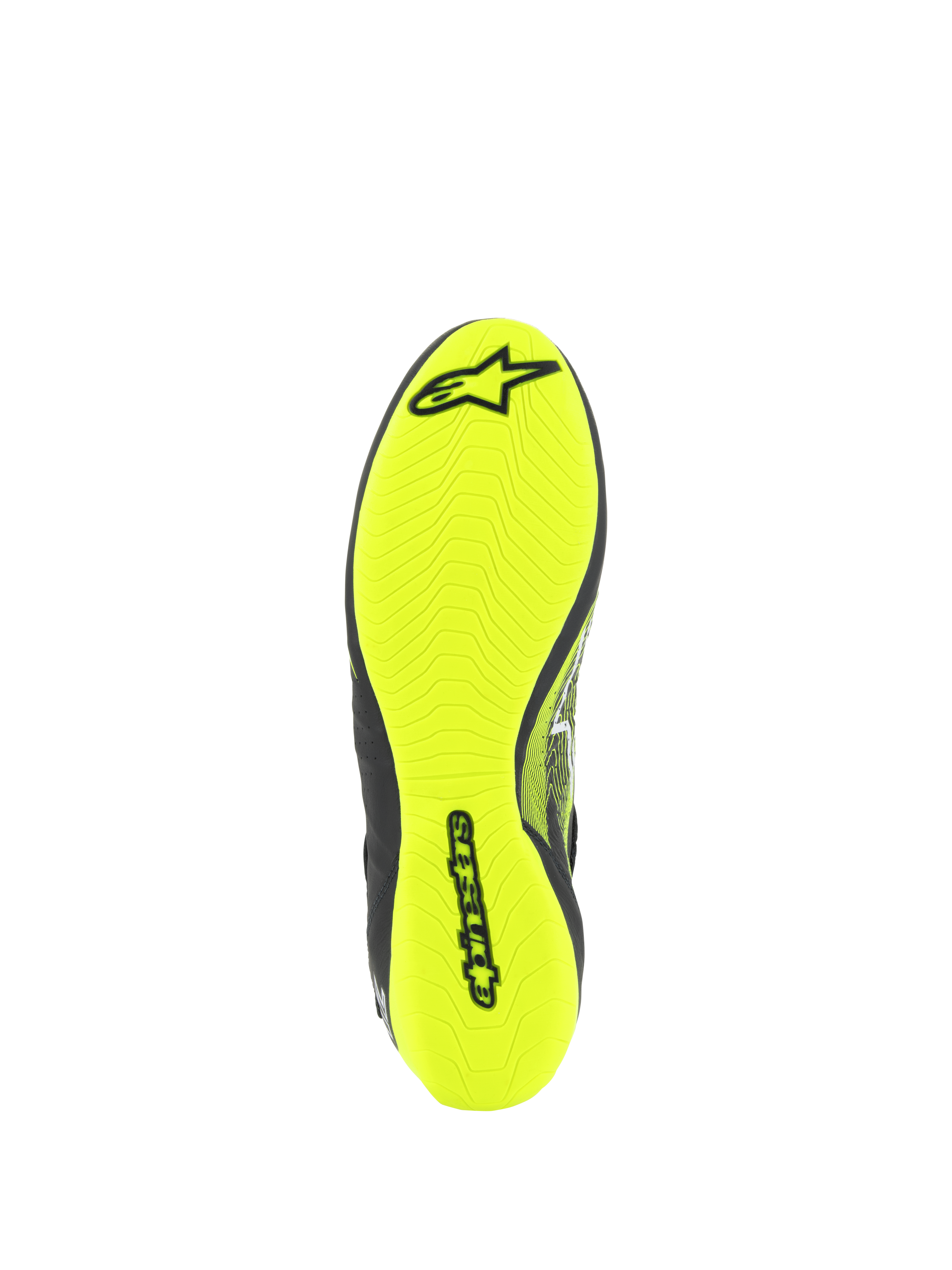 Zapatos Alpinestars Tech-1 Z V3 FIA, calzado de automovilismo, vista de la suela en amarillo flúor, con dibujo asimétrico y logotipo de Alpinestars en negro, suela de goma fina para máxima sensibilidad con los pedales y agarre