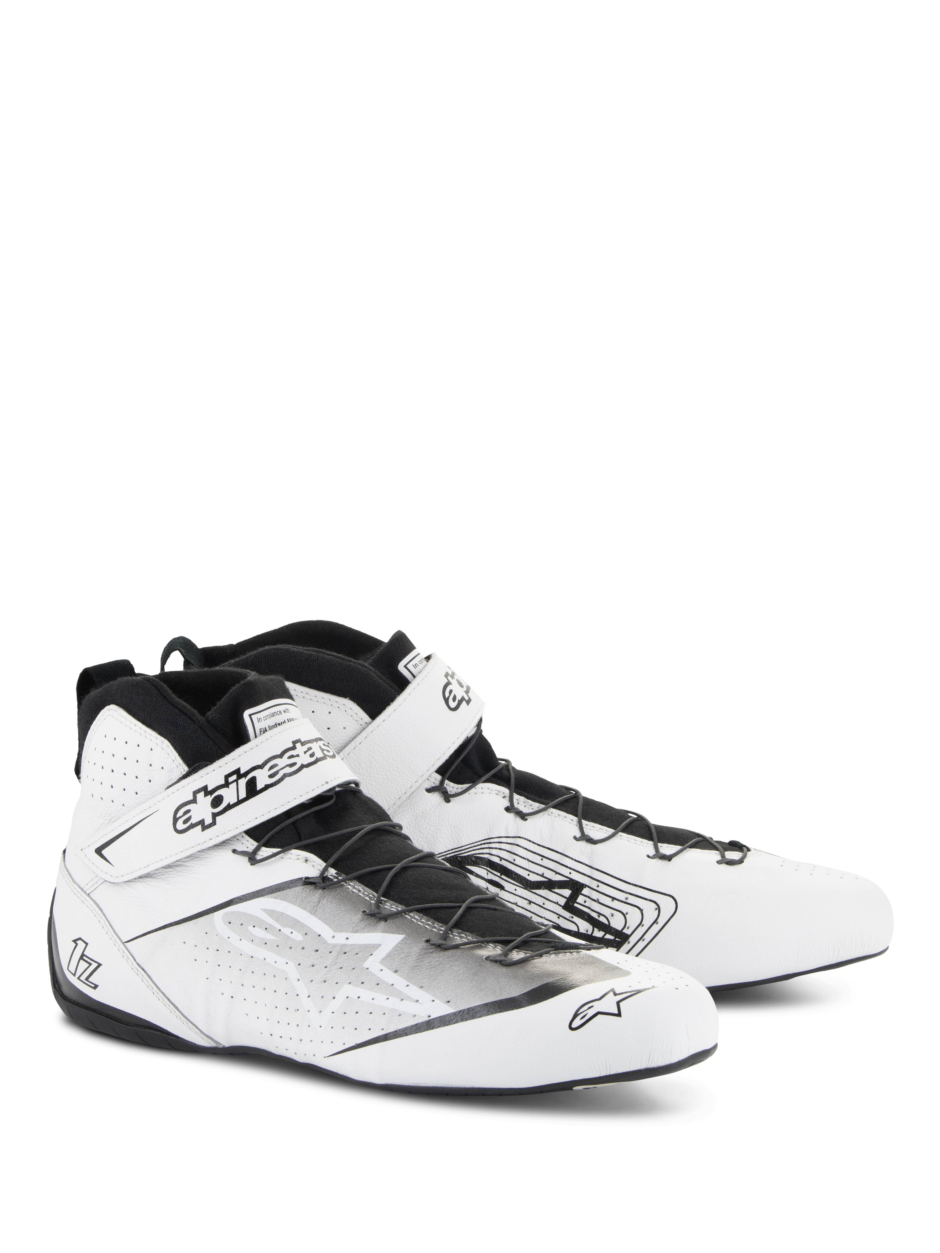Alpinestars Tech-1 Z V3 Shoes FIA, zapatos de automovilismo, blanco y negro, con cuero bovino de primera calidad y paneles perforados, sistema de cordones rápidos con correa de velcro segura, diseño elegante y profesional de automovilismo