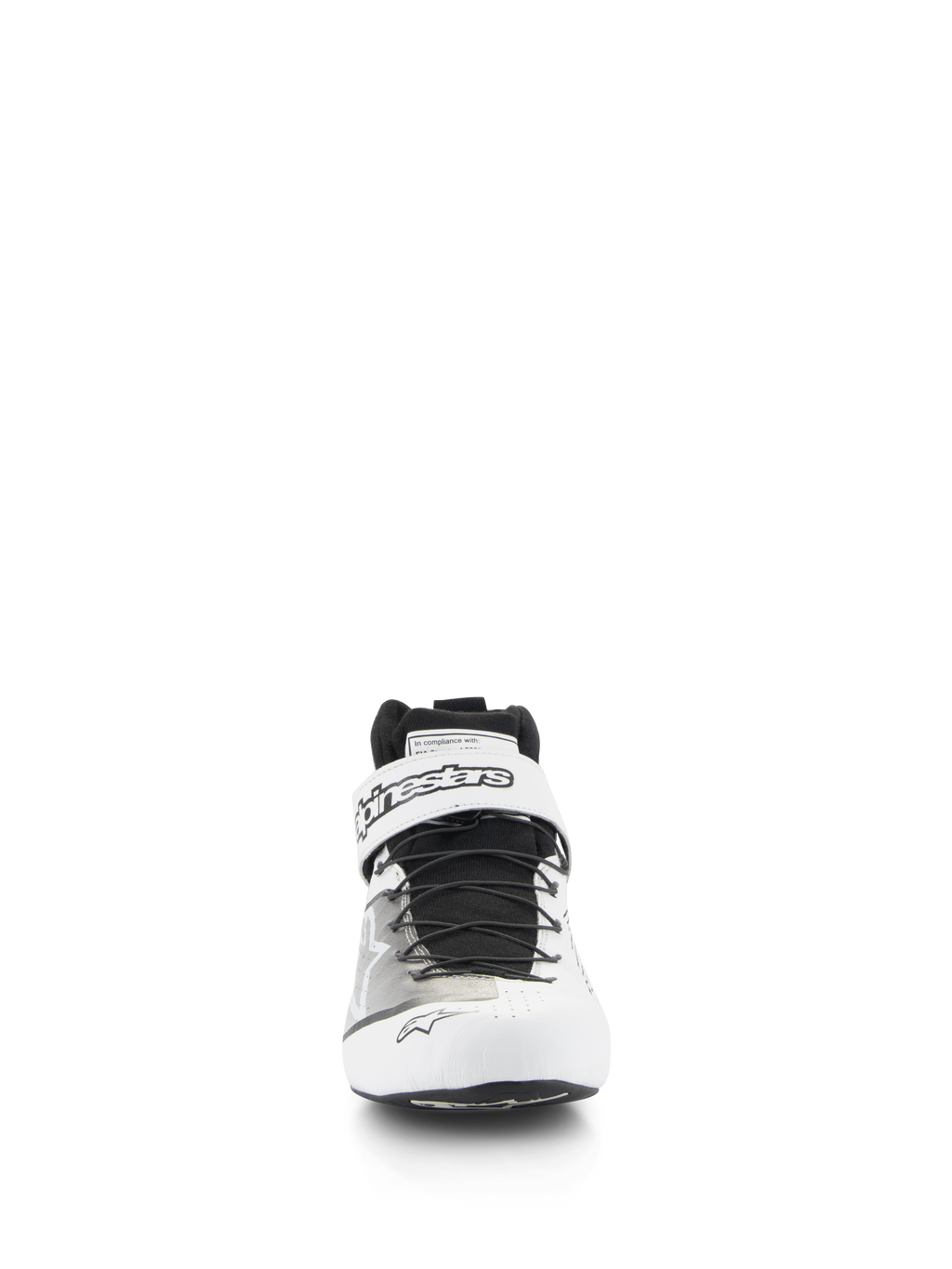 Zapatos Alpinestars Tech-1 Z V3 FIA, calzado profesional para carreras automovilísticas, blanco y negro, vista frontal que muestra el sistema de cordones rápidos y la correa de velcro superior con el logotipo de Alpinestars, parte superior de cuero perforado para mayor transpirabilidad.