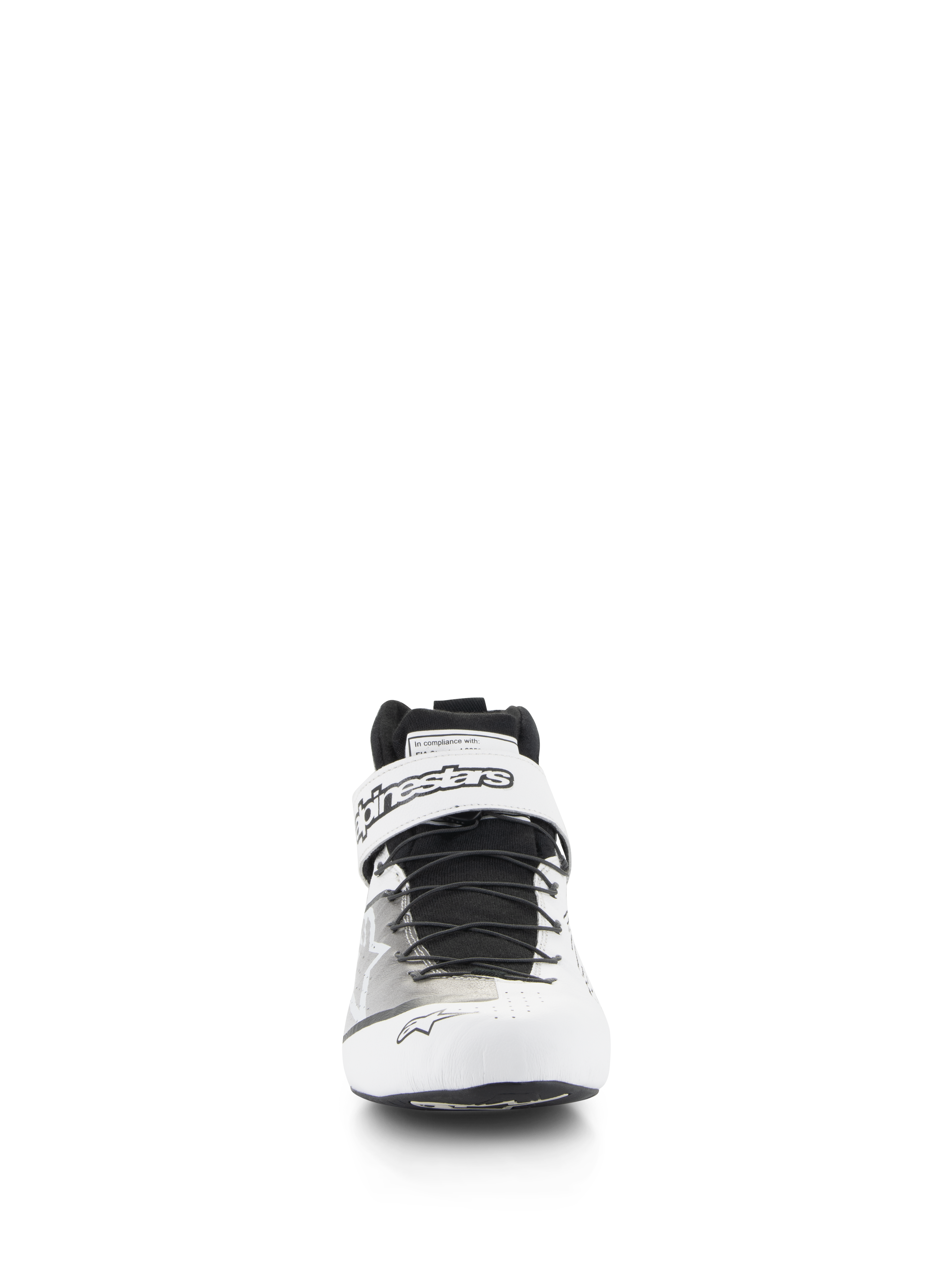 Zapatos Alpinestars Tech-1 Z V3 FIA, calzado profesional para carreras automovilísticas, blanco y negro, vista frontal que muestra el sistema de cordones rápidos y la correa de velcro superior con el logotipo de Alpinestars, parte superior de cuero perforado para mayor transpirabilidad.