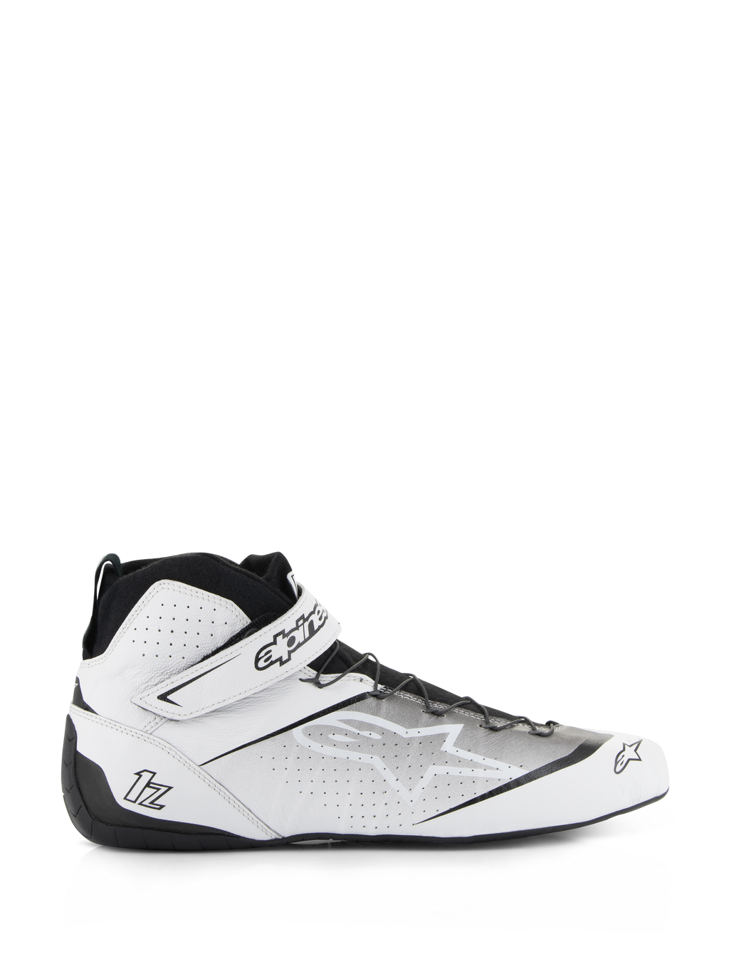 Alpinestars Tech-1 Z V3 Shoes FIA, zapatillas de carreras de automovilismo, blancas y negras, diseño de caña alta con parte superior de cuero perforado, cierre de correa con el logotipo de Alpinestars, suela de goma fina para sensibilidad con los pedales, perfil estilizado de automovilismo