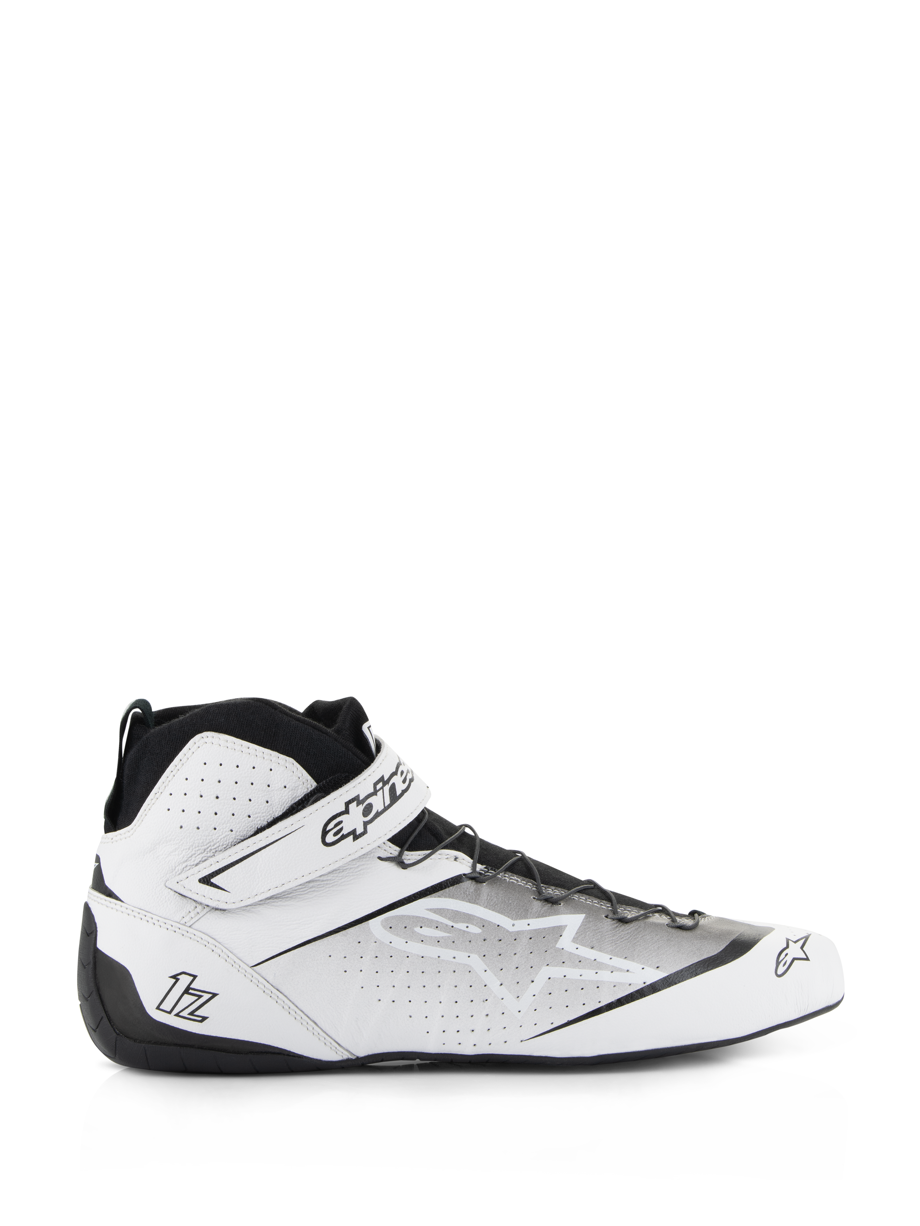 Alpinestars Tech-1 Z V3 Shoes FIA, zapatillas de carreras de automovilismo, blancas y negras, diseño de caña alta con parte superior de cuero perforado, cierre de correa con el logotipo de Alpinestars, suela de goma fina para sensibilidad con los pedales, perfil estilizado de automovilismo