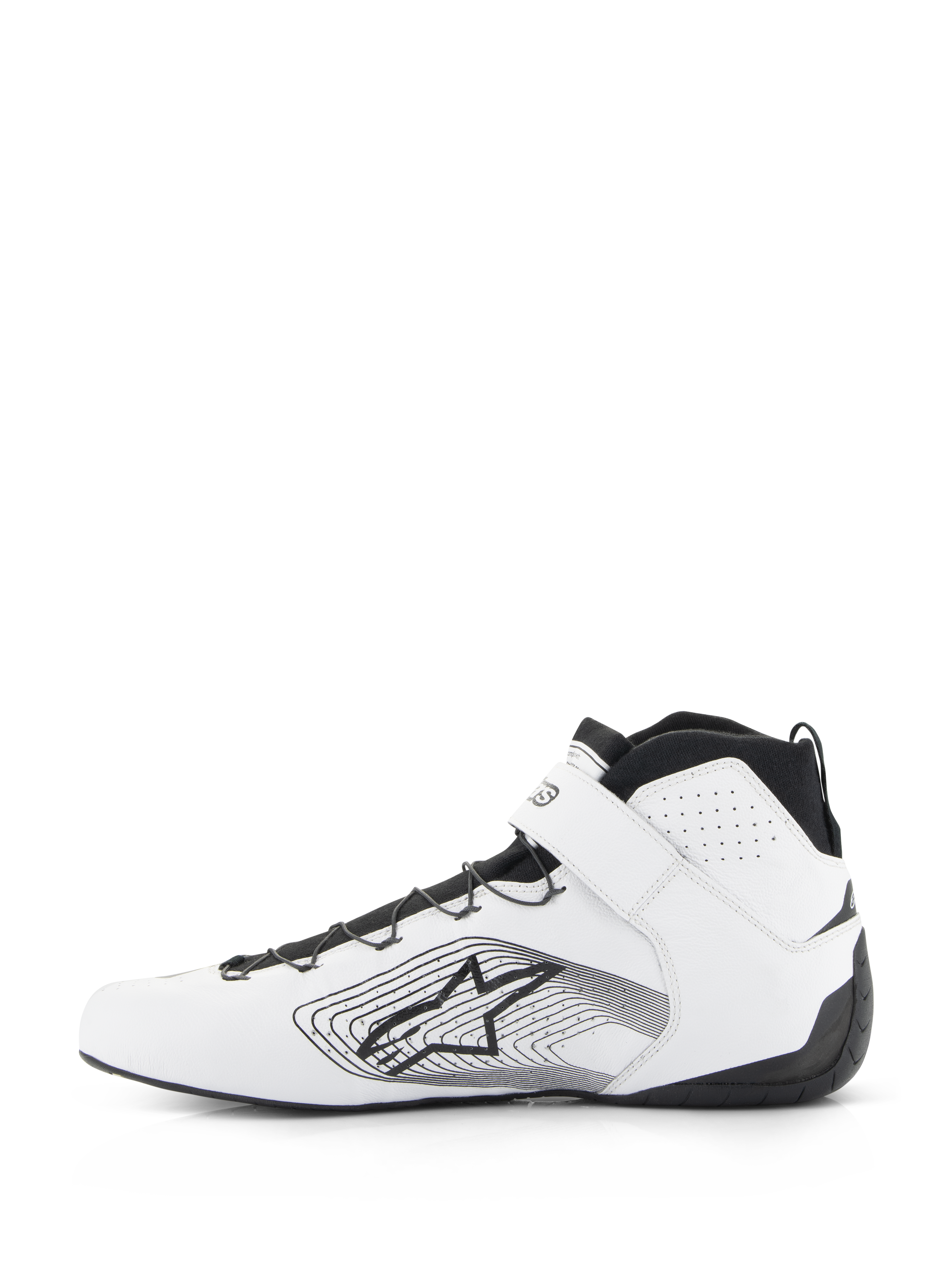 Alpinestars Tech-1 Z V3 Shoes FIA, zapatos de automovilismo, blanco y negro, perfil lateral de un zapato de carreras de cuero premium con cordones rápidos negros, correa blanca en el tobillo y logotipo de la estrella de Alpinestars con gráfico lineal en el lateral