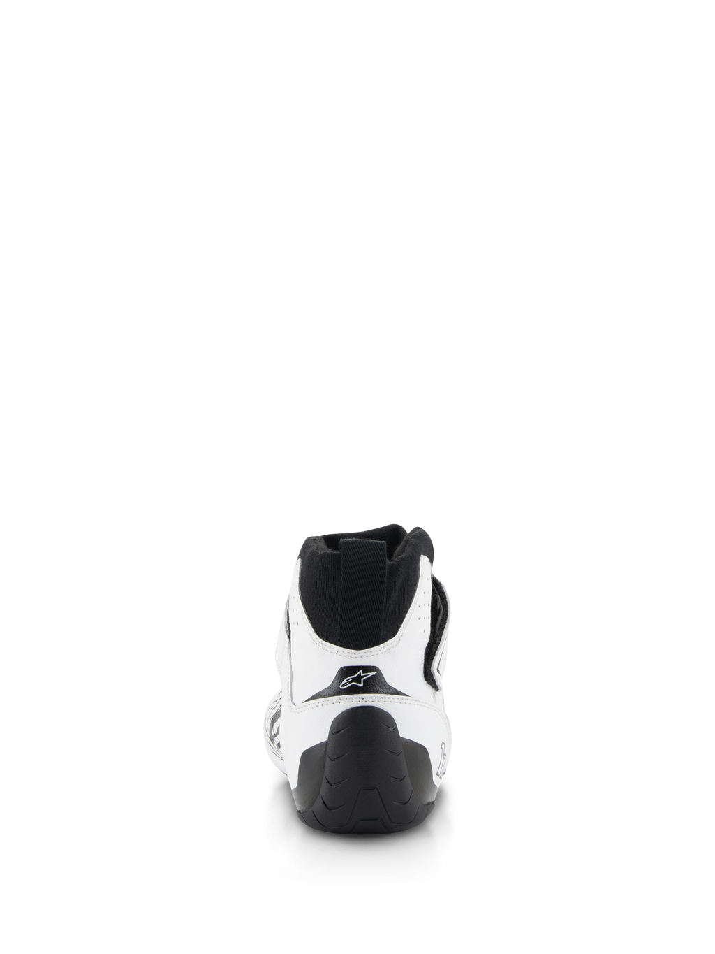 Alpinestars Tech-1 Z V3 Shoes FIA, zapatos de automovilismo, blanco y negro, vista trasera con tirador en el talón negro, suela de goma texturizada y parte superior de cuero bovino blanco con el logotipo de la estrella de Alpinestars