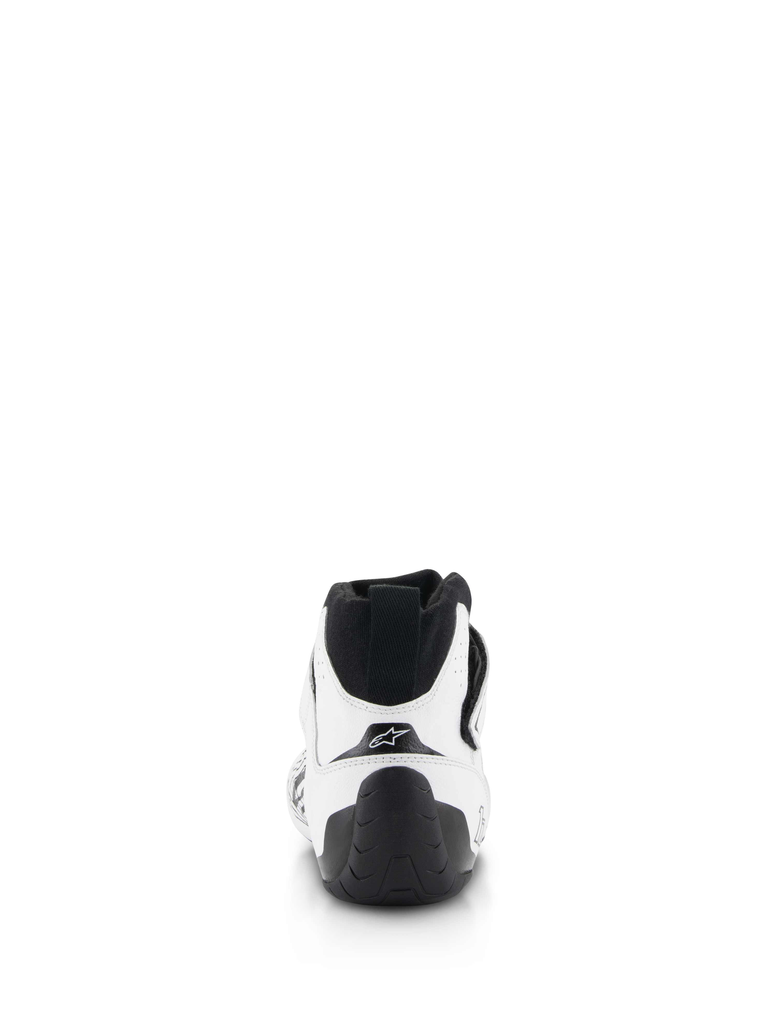 Alpinestars Tech-1 Z V3 Shoes FIA, zapatos de automovilismo, blanco y negro, vista trasera con tirador en el talón negro, suela de goma texturizada y parte superior de cuero bovino blanco con el logotipo de la estrella de Alpinestars