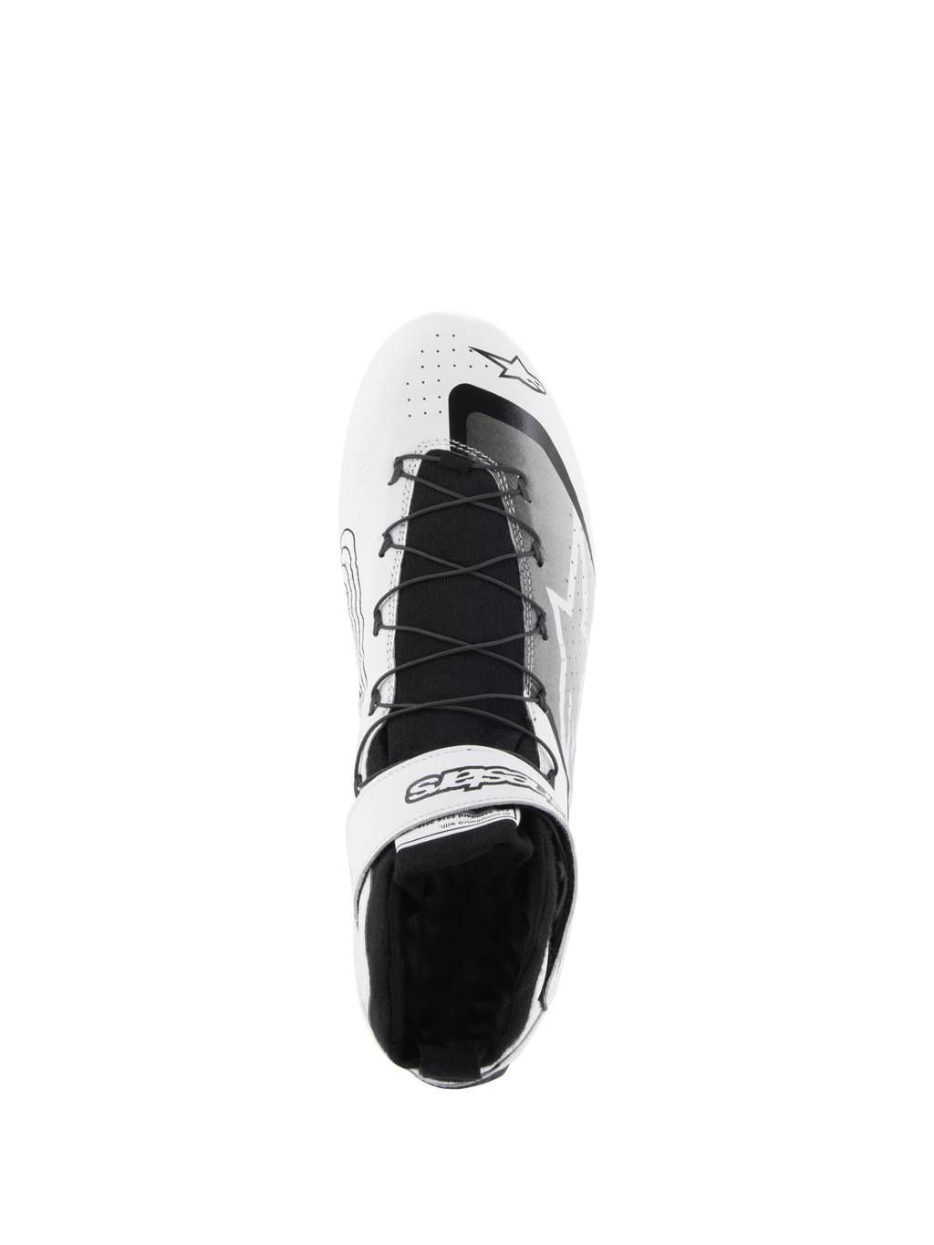Alpinestars Tech-1 Z V3 Shoes FIA, zapatos de automovilismo, blanco y negro, vista superior que muestra el sistema de cordones rápidos, correa de velcro con marca en el tobillo, lengüeta de punto negra y parte superior de cuero perforado para el rendimiento en competición