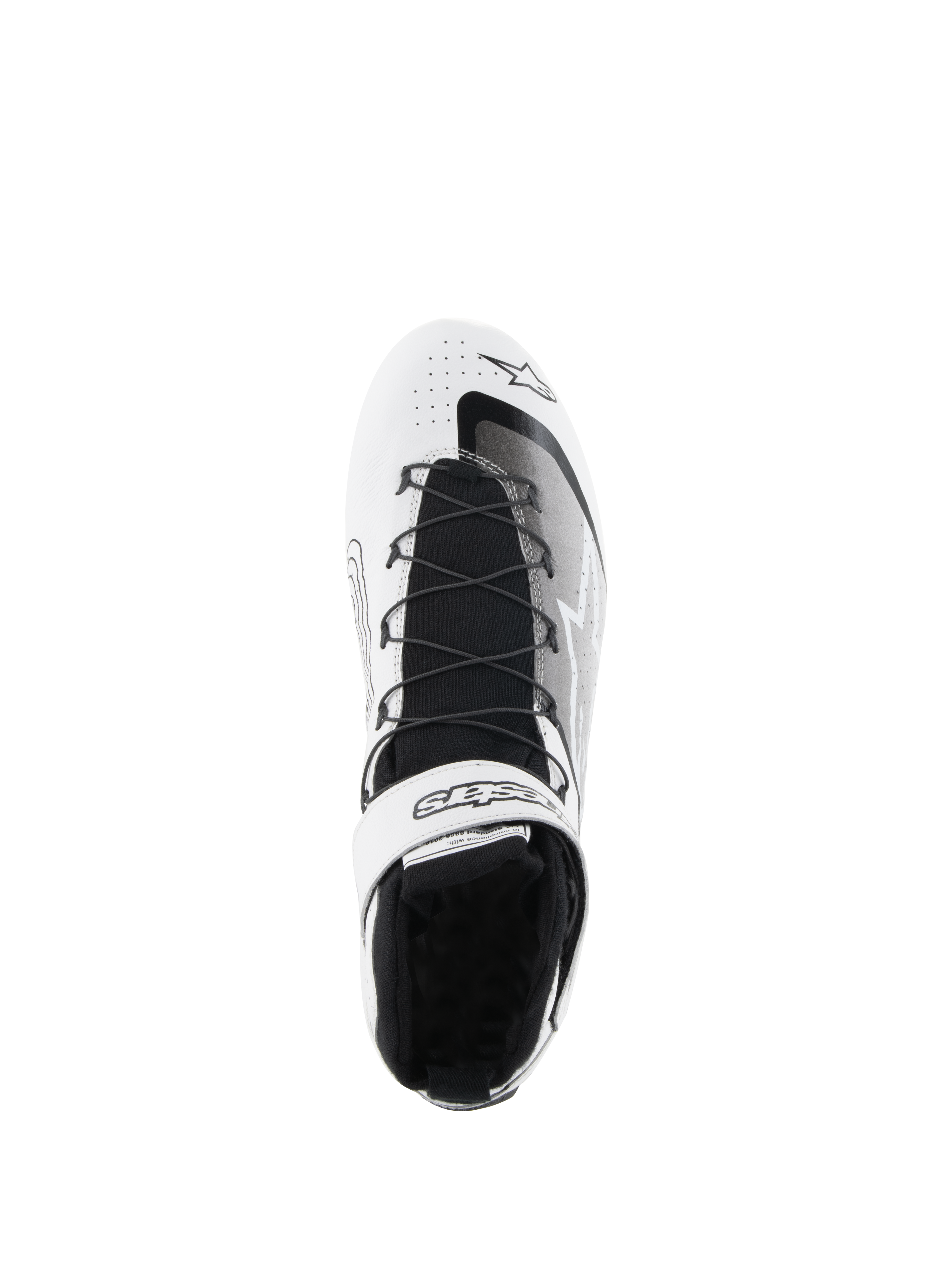Alpinestars Tech-1 Z V3 Shoes FIA, zapatos de automovilismo, blanco y negro, vista superior que muestra el sistema de cordones rápidos, correa de velcro con marca en el tobillo, lengüeta de punto negra y parte superior de cuero perforado para el rendimiento en competición