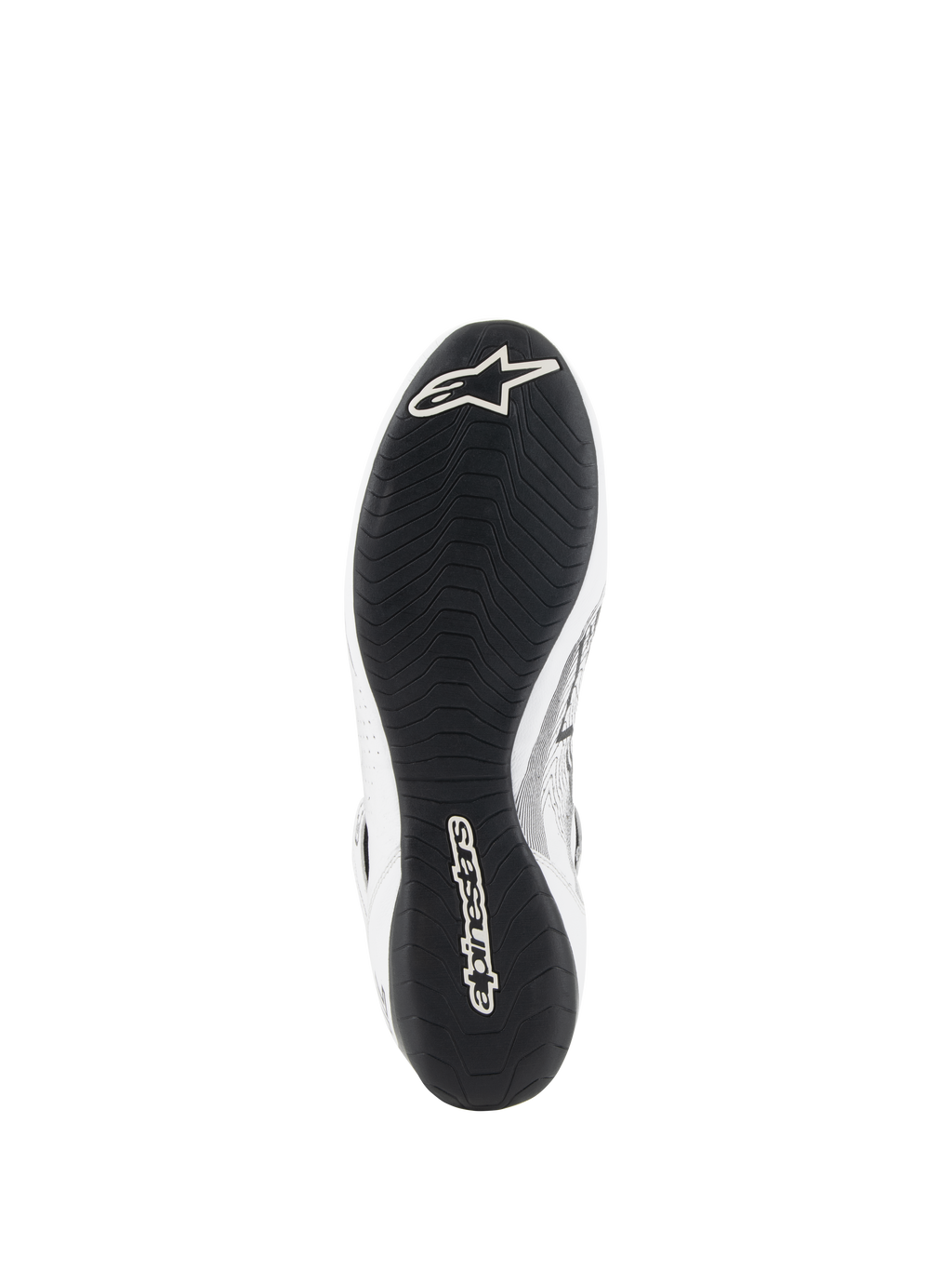 Alpinestars Tech-1 Z V3 Shoes FIA, zapatos de automovilismo, blanco y negro, vista inferior que muestra la suela de goma fina derivada de la F1 con dibujo asimétrico, logotipo blanco de Alpinestars en la puntera y marca en el talón