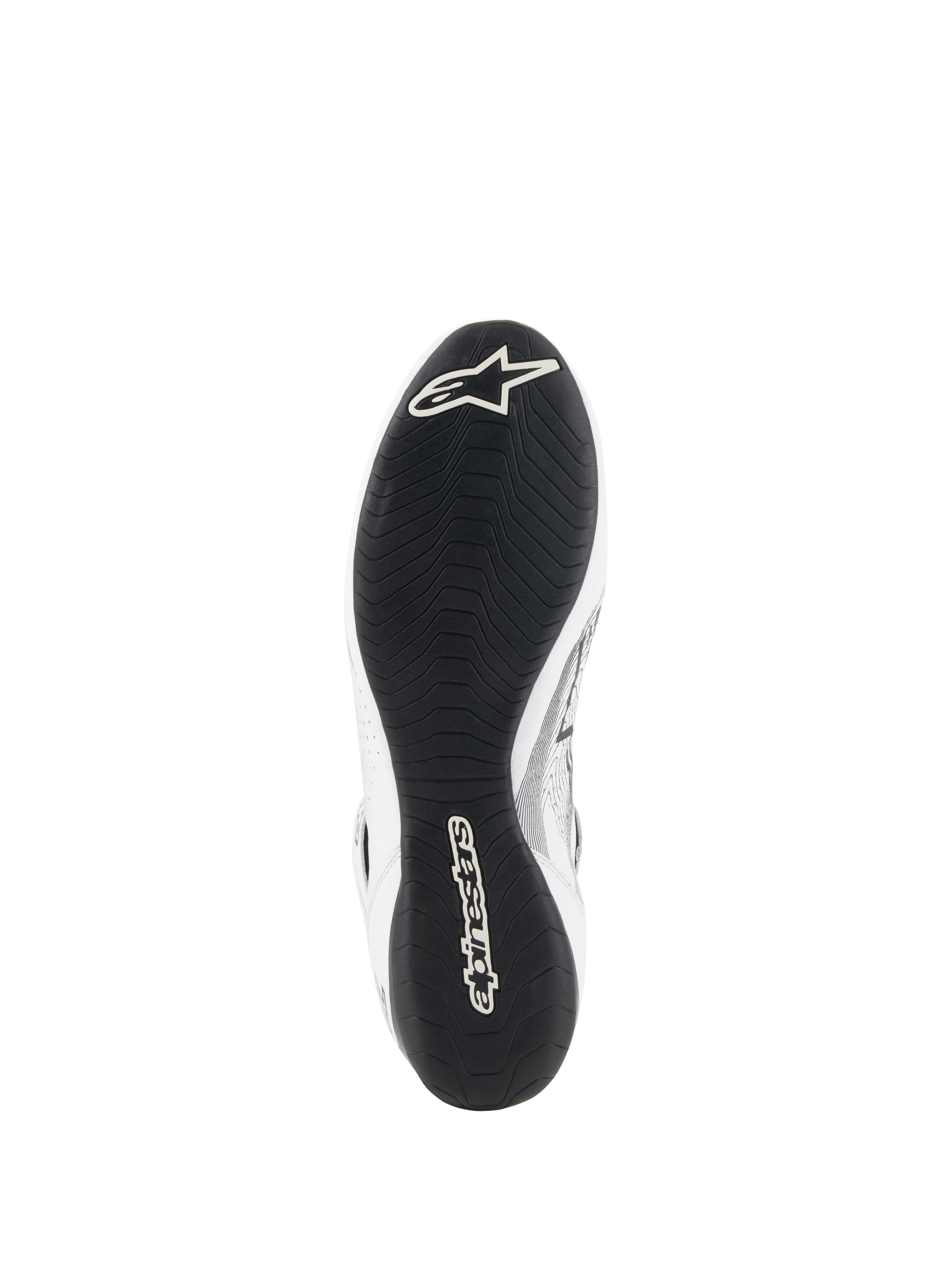 Alpinestars Tech-1 Z V3 Shoes FIA, zapatos de automovilismo, blanco y negro, vista inferior que muestra la suela de goma fina derivada de la F1 con dibujo asimétrico, logotipo blanco de Alpinestars en la puntera y marca en el talón
