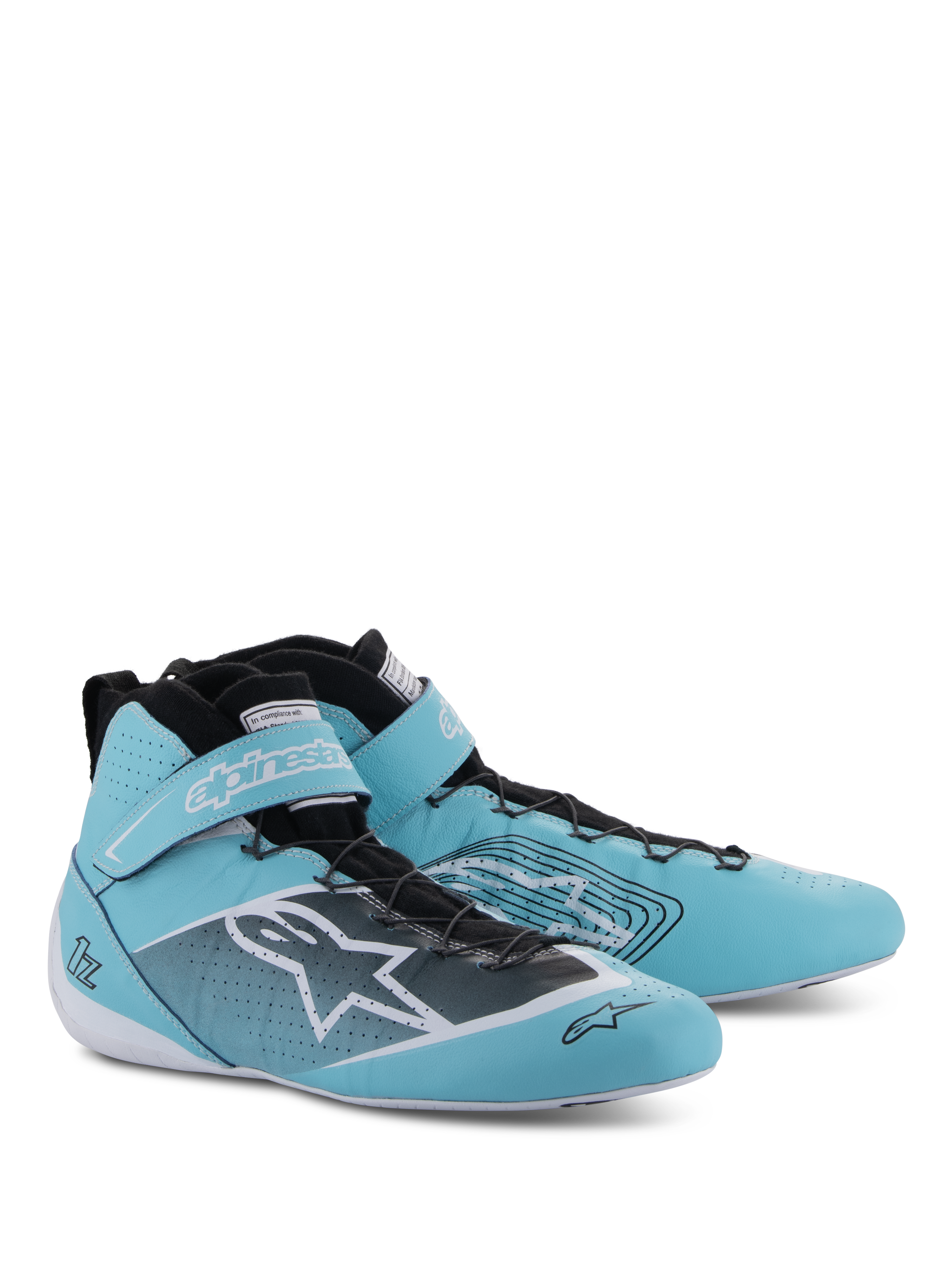 Alpinestars Tech-1 Z V3 FIA, zapatos de automovilismo, verde azulado claro, blanco y negro, diseño de caña alta con correa de velcro en el tobillo, logotipo de Alpinestars destacado y detalles de cuero perforado para el rendimiento