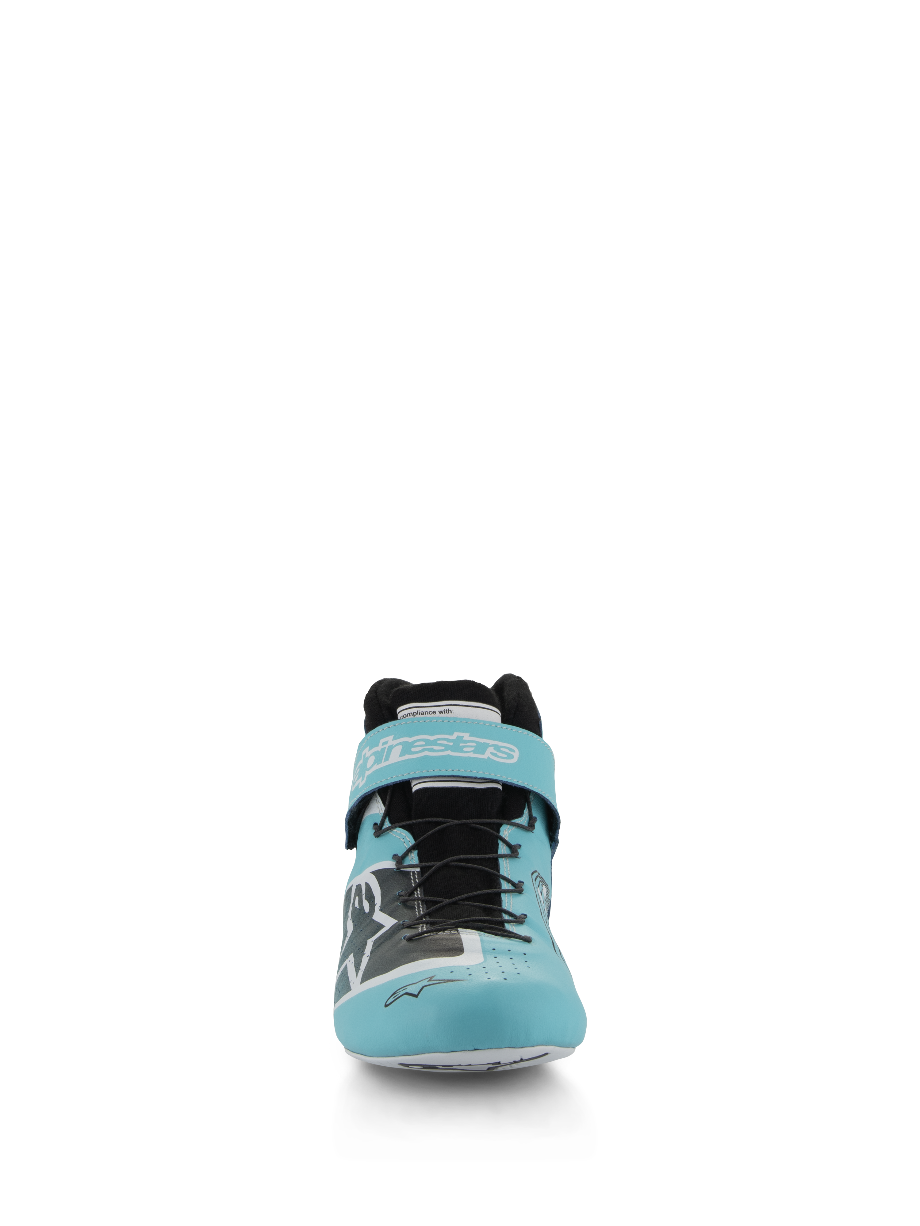 Zapatos Alpinestars Tech-1 Z V3 FIA, zapatos de automovilismo en azul cerceta claro, blanco y negro, vista frontal que muestra la parte superior de cuero premium, sistema de cordones rápidos y correa de velcro con marca en el tobillo