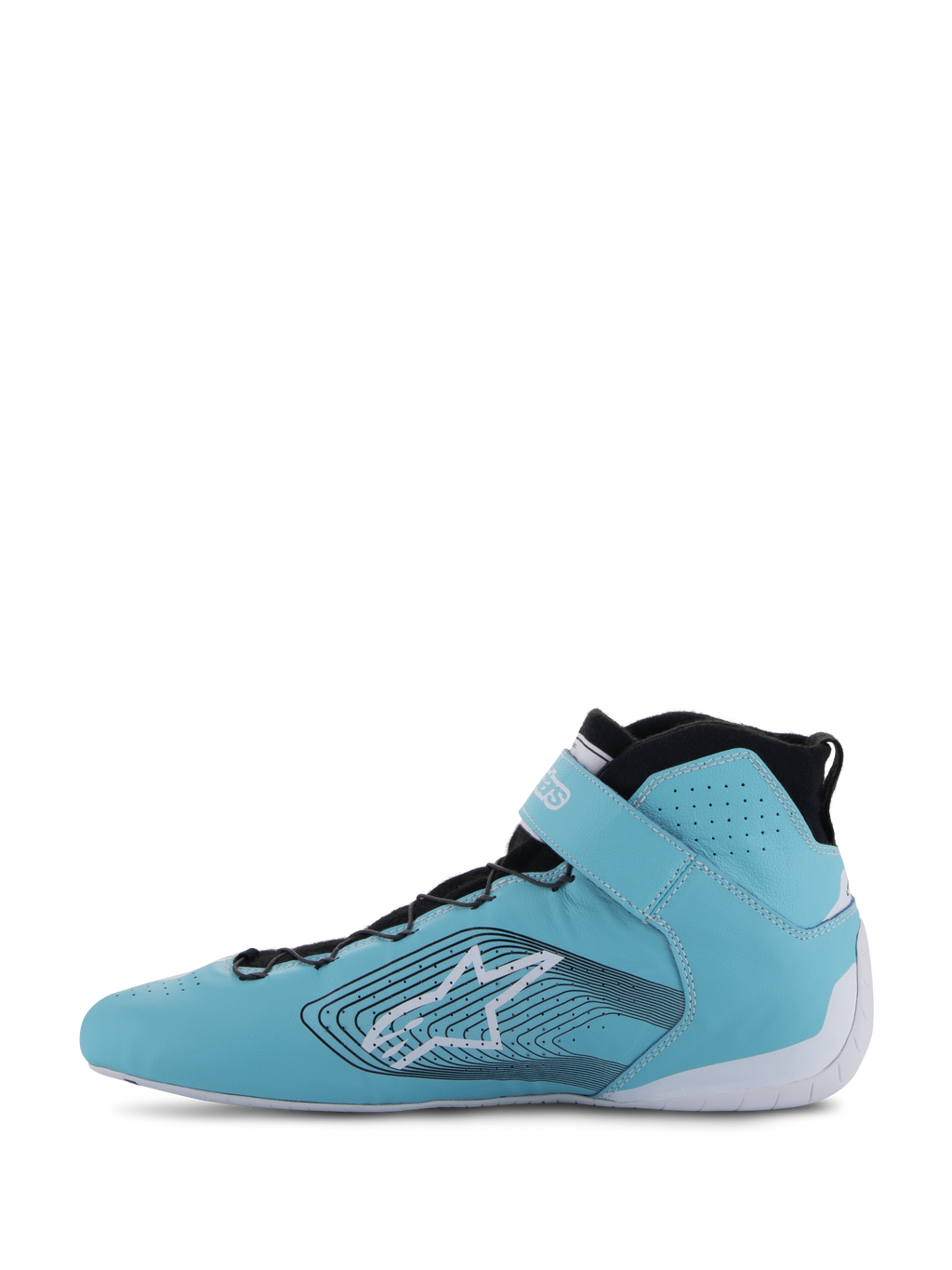 Alpinestars Tech-1 Z V3 Shoes FIA, zapatos de automovilismo, verde azulado claro, blanco y negro, vista de perfil lateral, cuero premium con perforaciones, logotipo de estrella grande con líneas gráficas onduladas, suela blanca y cuello negro