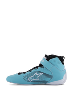Alpinestars Tech-1 Z V3 Shoes FIA, zapatos de automovilismo, verde azulado claro, blanco y negro, vista de perfil lateral, cuero premium con perforaciones, logotipo de estrella grande con líneas gráficas onduladas, suela blanca y cuello negro