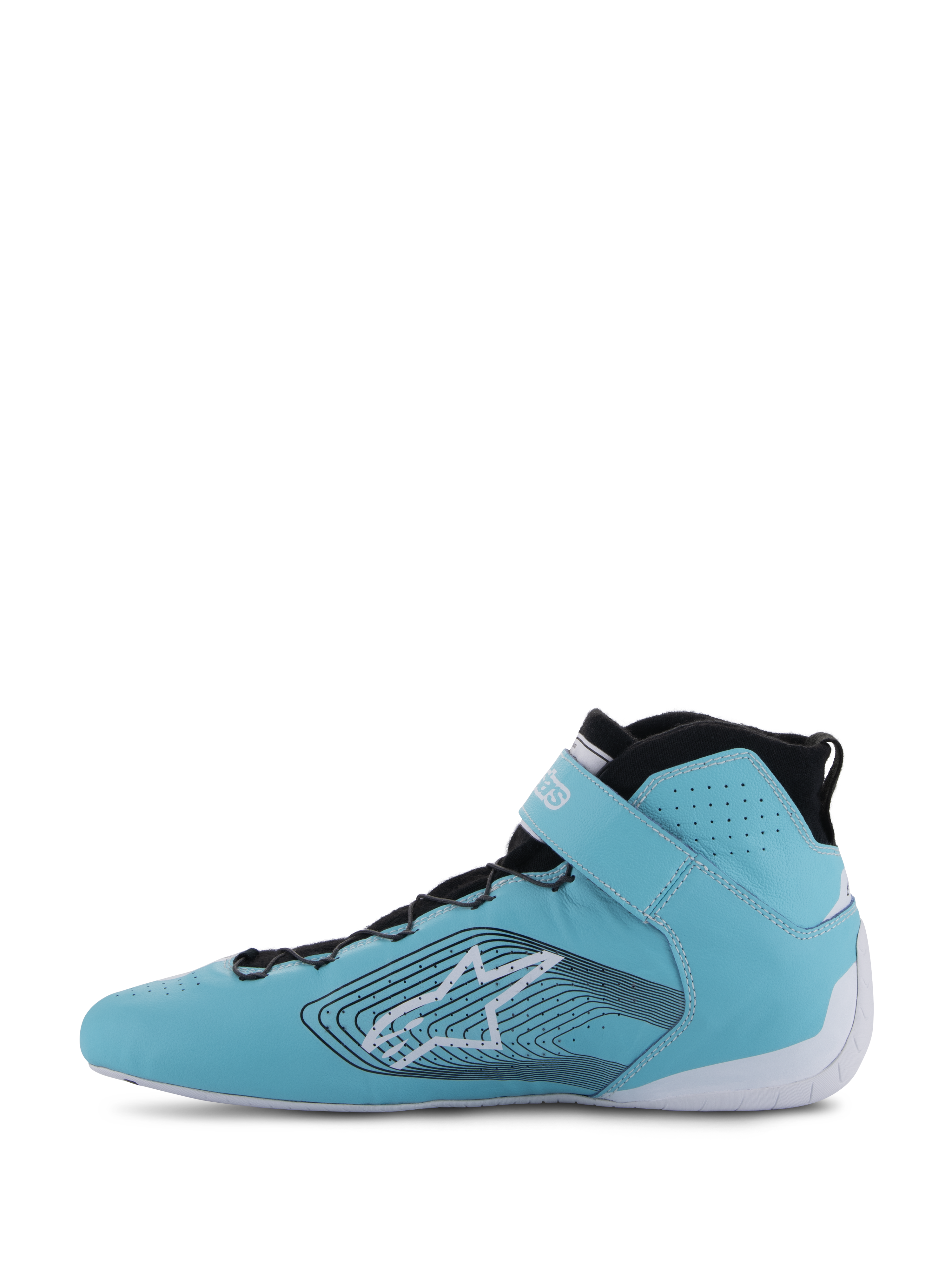 Alpinestars Tech-1 Z V3 Shoes FIA, zapatos de automovilismo, verde azulado claro, blanco y negro, vista de perfil lateral, cuero premium con perforaciones, logotipo de estrella grande con líneas gráficas onduladas, suela blanca y cuello negro