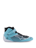Alpinestars Tech-1 Z V3 Shoes FIA, zapatos profesionales para automovilismo, azul turquesa claro, blanco y negro, diseño de caña alta con correa de velcro en el tobillo, parte superior de cuero bovino perforado, sistema de lazada rápida, vista lateral de perfil que muestra el logo de la estrella de Alpinestars y construcción con certificación FIA