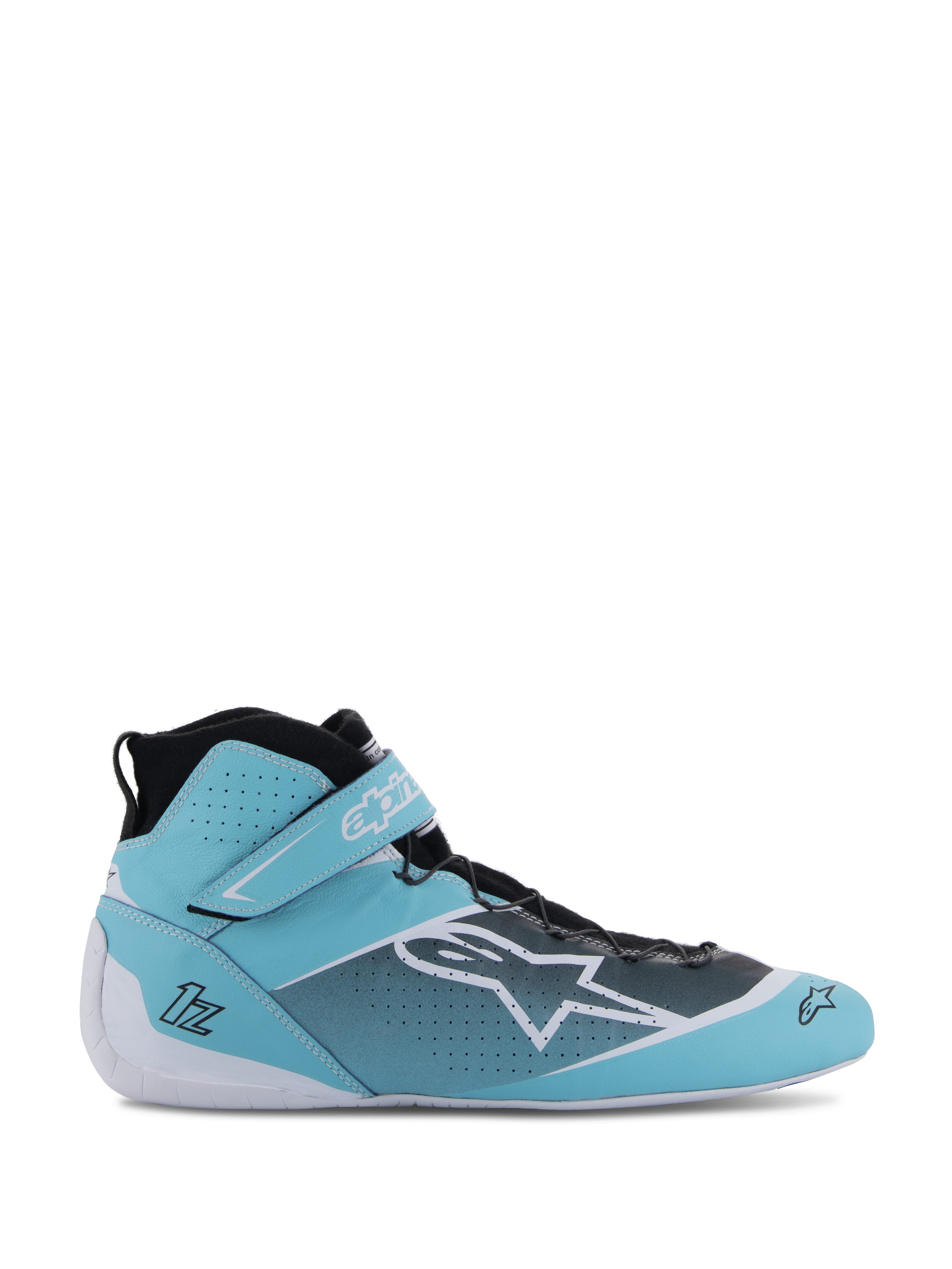 Alpinestars Tech-1 Z V3 Shoes FIA, zapatos profesionales para automovilismo, azul turquesa claro, blanco y negro, diseño de caña alta con correa de velcro en el tobillo, parte superior de cuero bovino perforado, sistema de lazada rápida, vista lateral de perfil que muestra el logo de la estrella de Alpinestars y construcción con certificación FIA