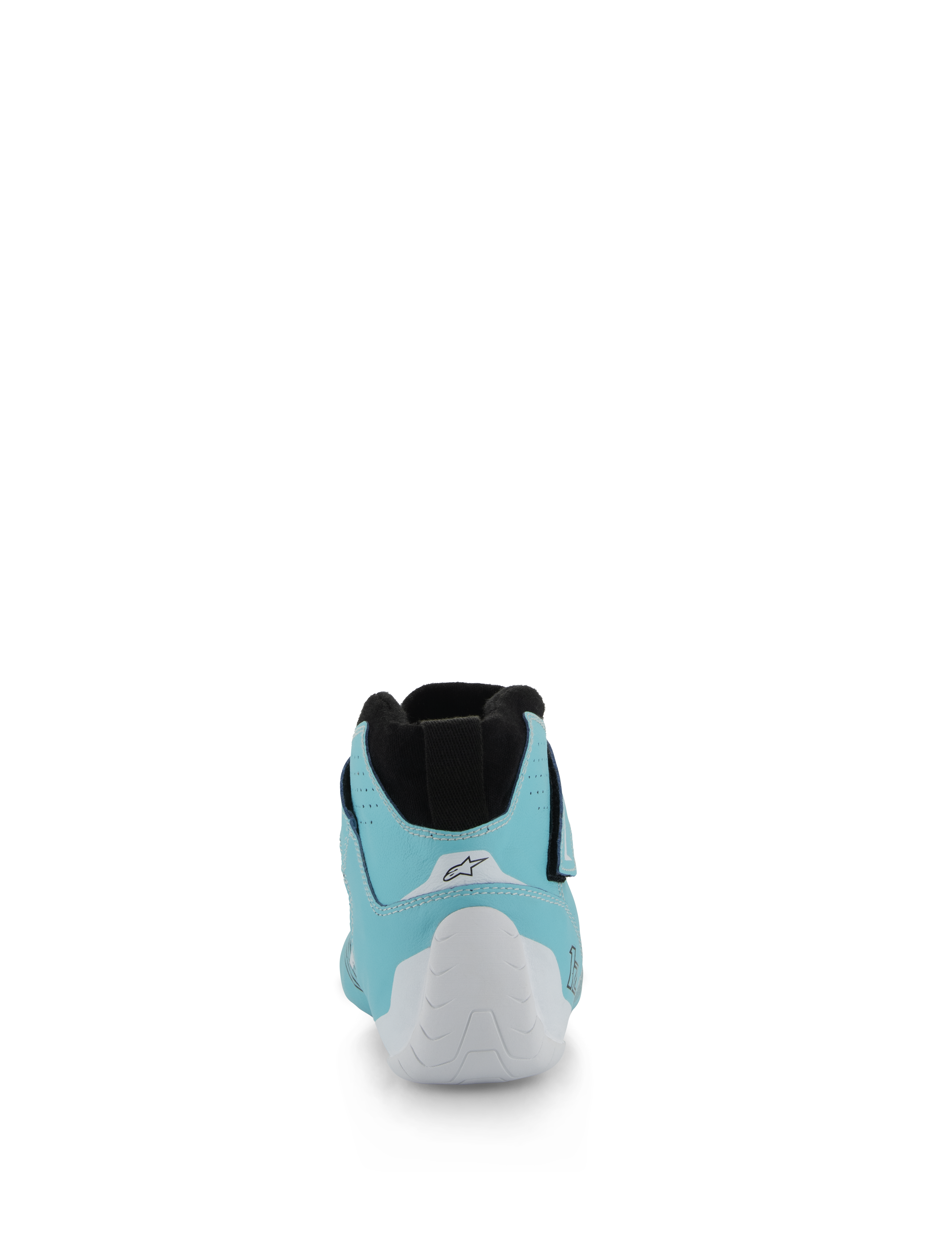 Alpinestars Tech-1 Z V3 Shoes FIA, zapatos de automovilismo, verde azulado claro, blanco y negro, vista trasera que muestra la talonera termoformada blanca y el cuello elástico de punto negro, calzado profesional de automovilismo