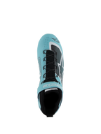 Alpinestars Tech-1 Z V3 Shoes FIA, calzado para automovilismo, verde cerceta claro, blanco y negro, vista superior que muestra el sistema de cordones rápido, correa de velcro y parte superior de cuero perforado, diseñado para el rendimiento en el automovilismo profesional