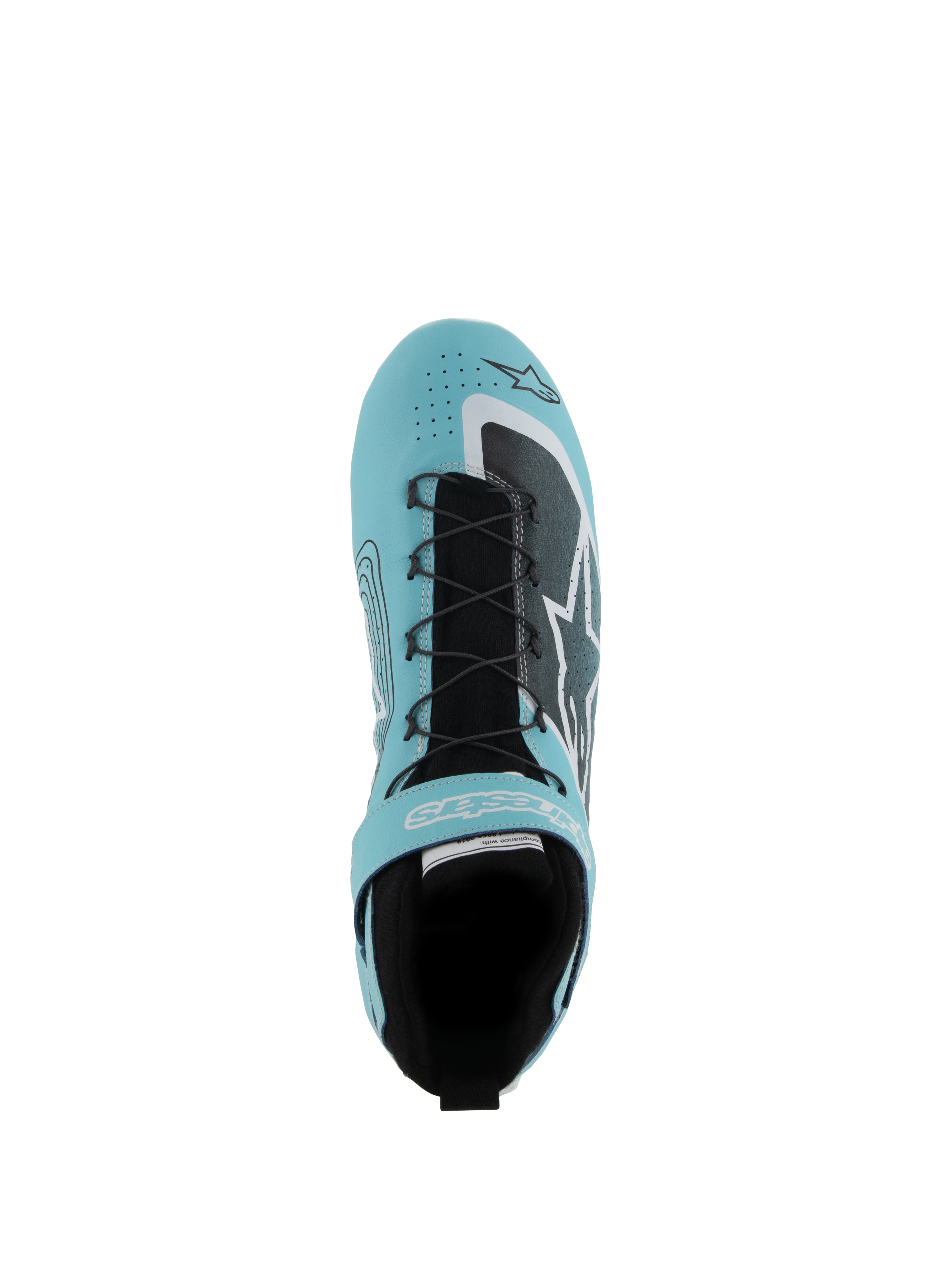 Alpinestars Tech-1 Z V3 Shoes FIA, calzado para automovilismo, verde cerceta claro, blanco y negro, vista superior que muestra el sistema de cordones rápido, correa de velcro y parte superior de cuero perforado, diseñado para el rendimiento en el automovilismo profesional
